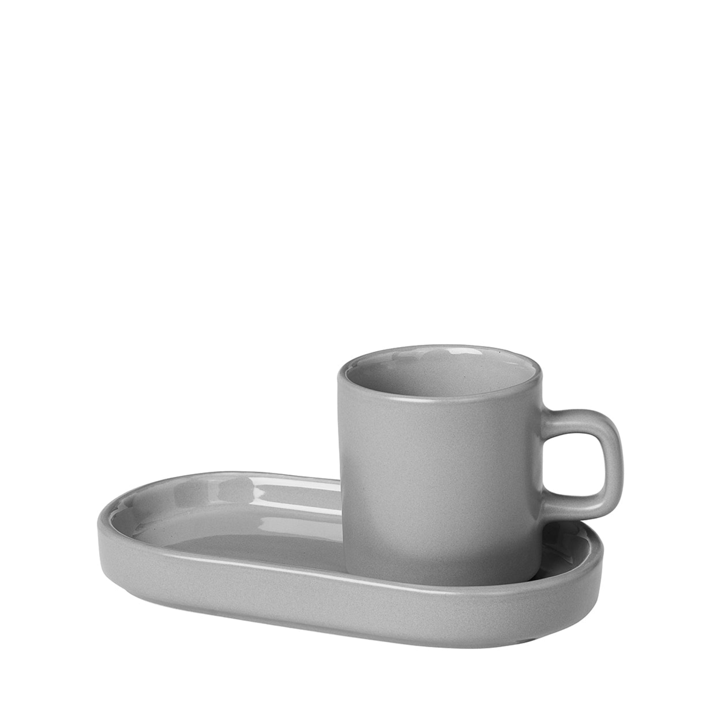 blomus PILAR Modern Stoneware Espresso Cups with Oval Trays - Dishware Demitasse and Snack Dish Set of 2