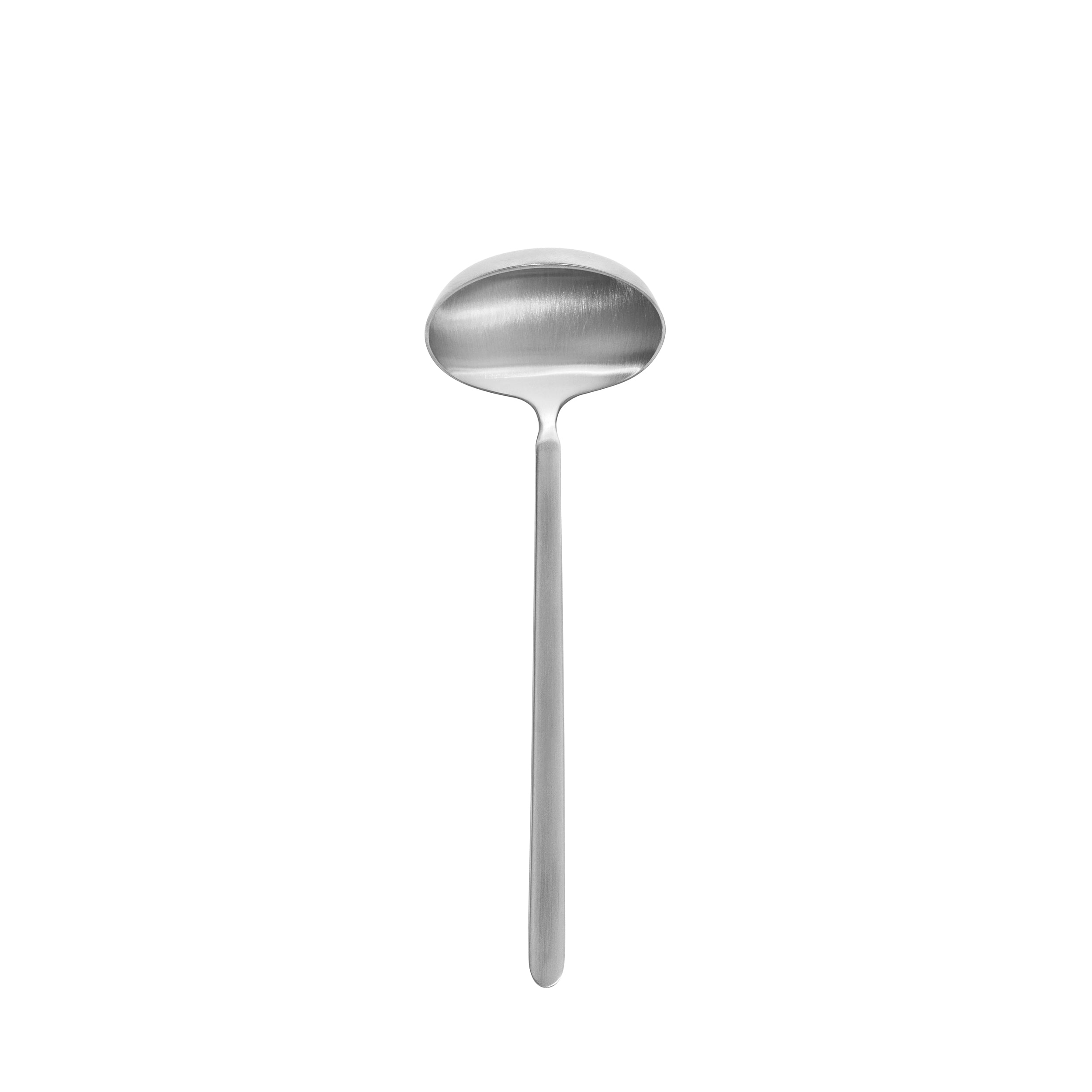 A stainless steel ladle with a long handle and a wide oval bowl, shown vertically against a plain white background.