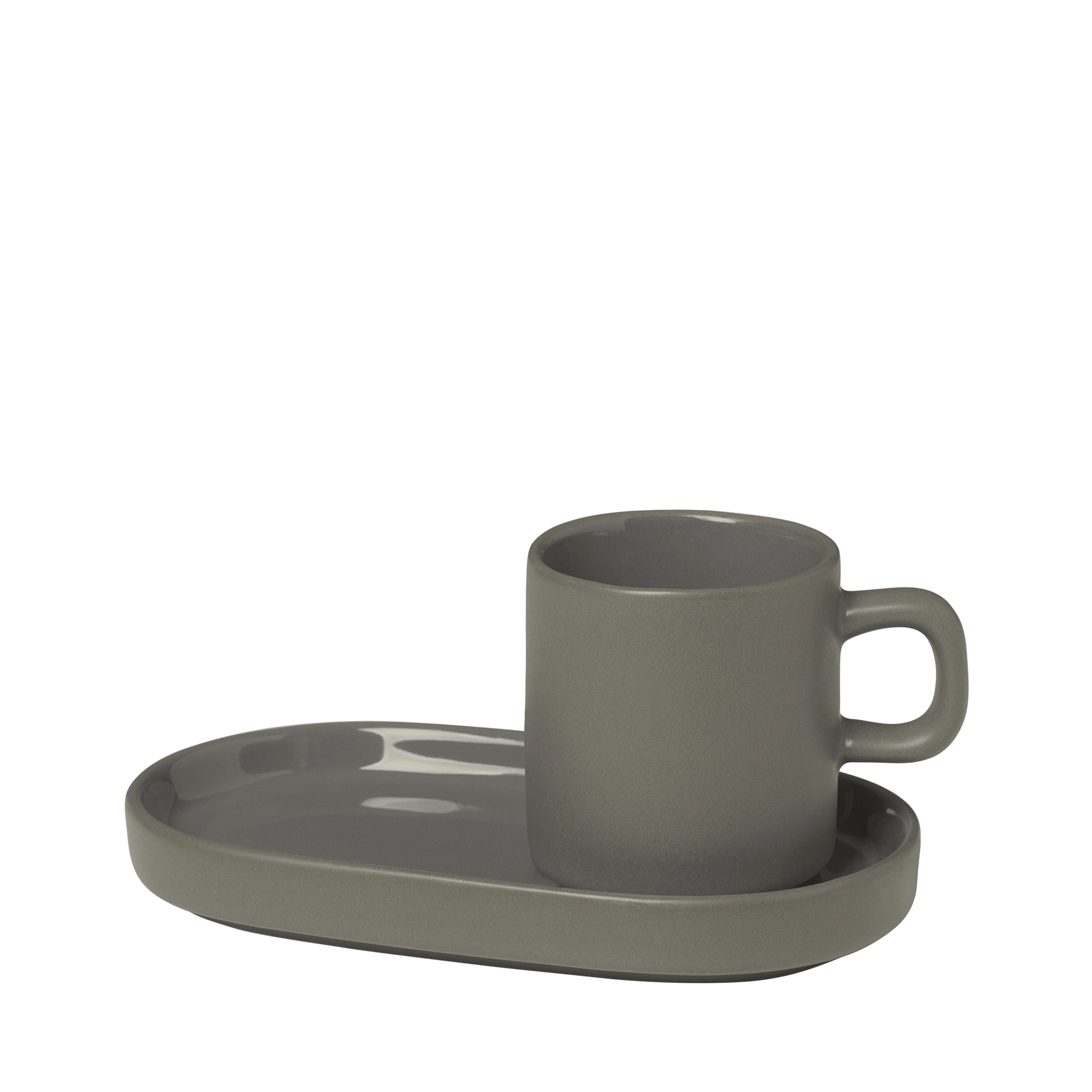 blomus PILAR Modern Stoneware Espresso Cups with Oval Trays - Dishware Demitasse and Snack Dish Set of 2