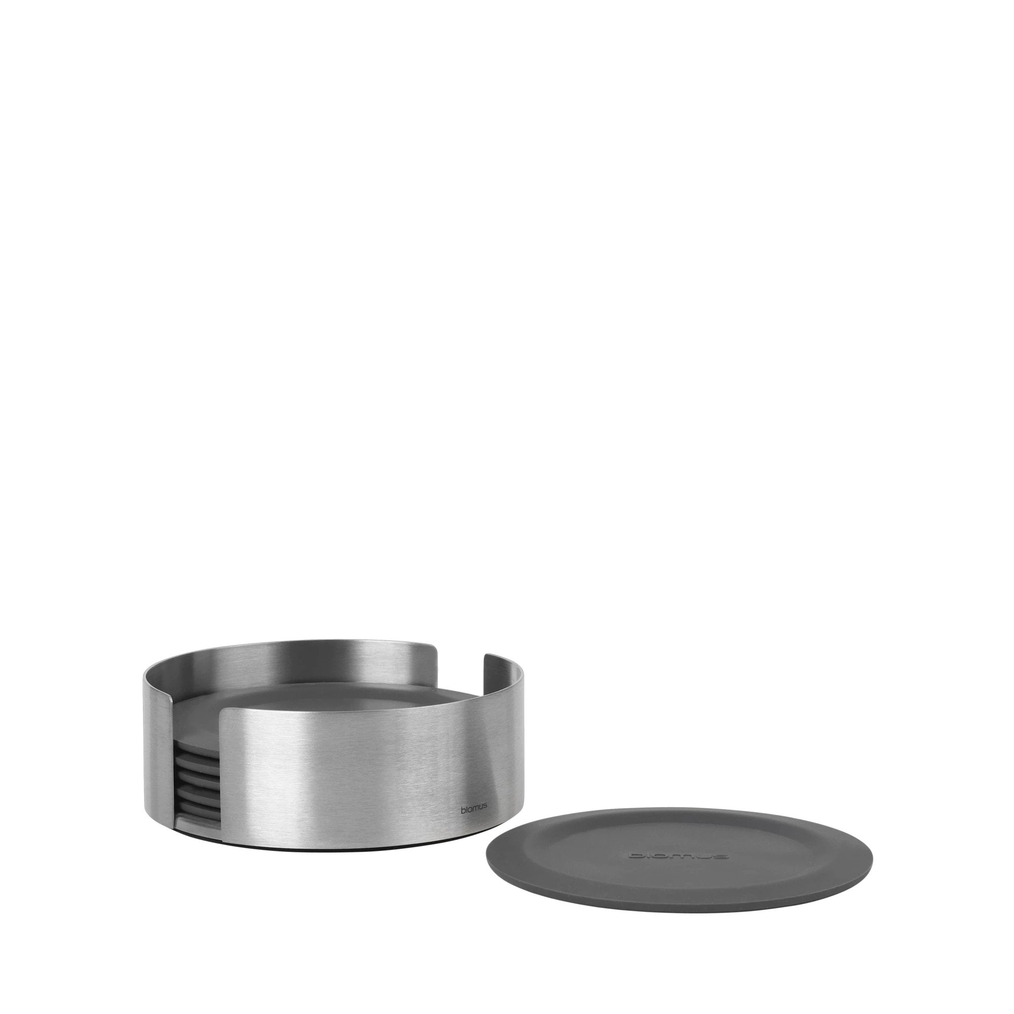 blomus LARETO Silicone Drink Coasters Set with Stainless Steel Holder – Round Non-Slip Modern Table Coasters (Set of 6)