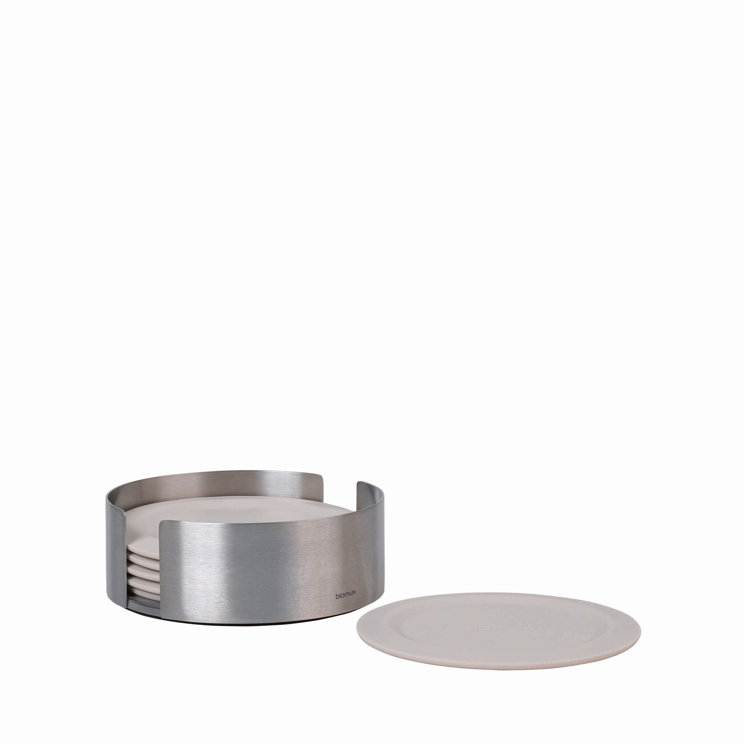 blomus LARETO Silicone Drink Coasters Set with Stainless Steel Holder – Round Non-Slip Modern Table Coasters (Set of 6)