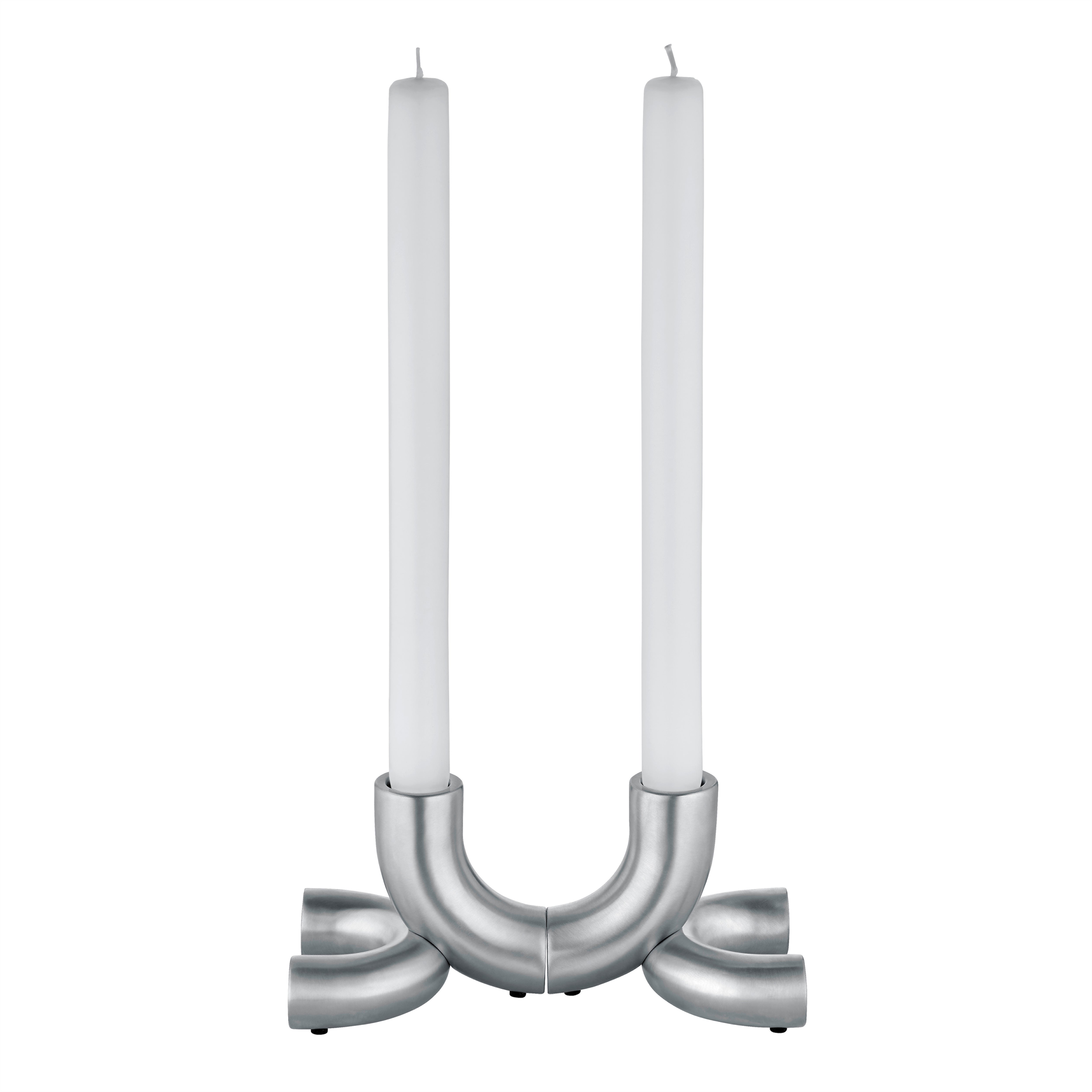 Stainless Steel DOODLE candle holders with two white candles on a white background