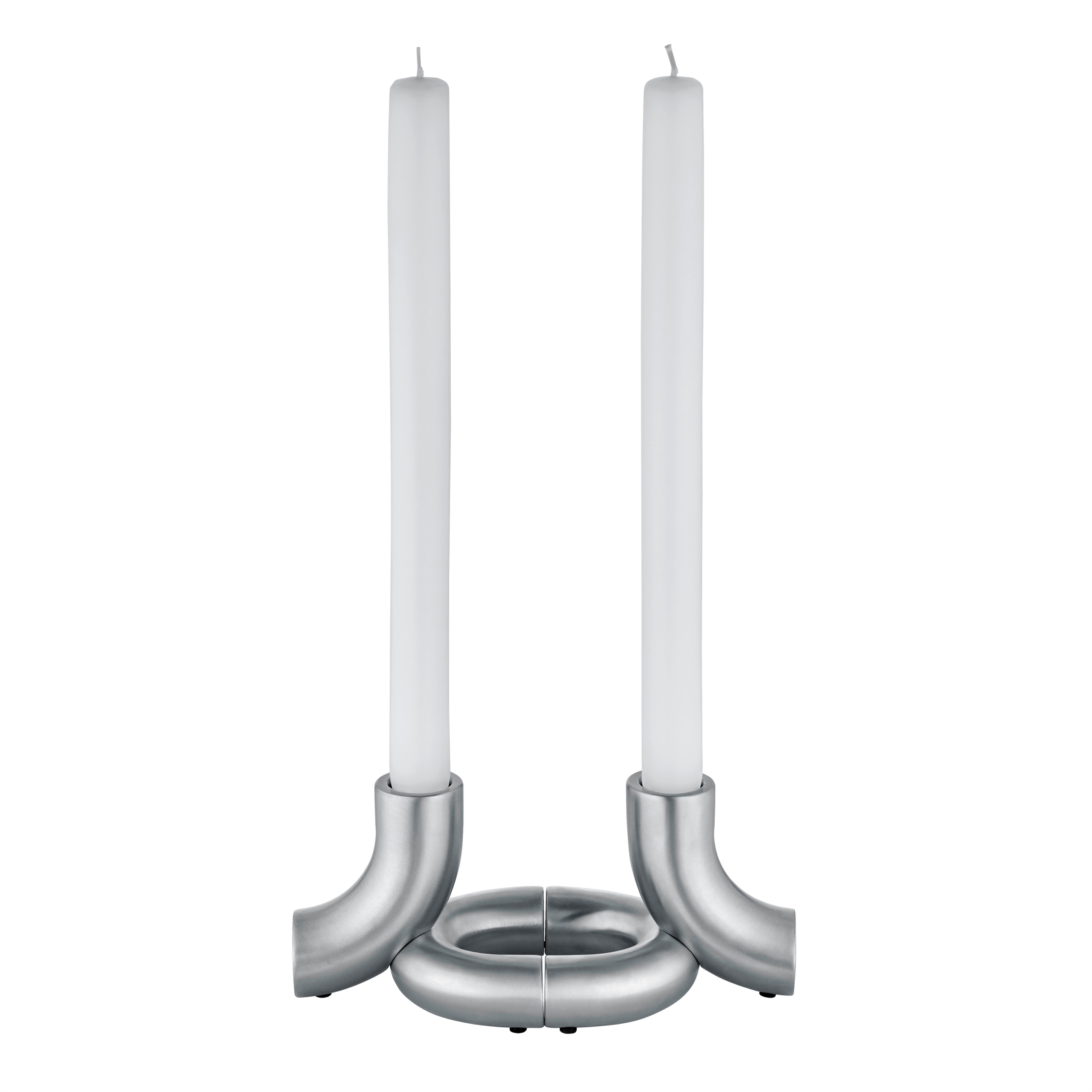Stainless DOODLE candle holders with two white candles on a white background