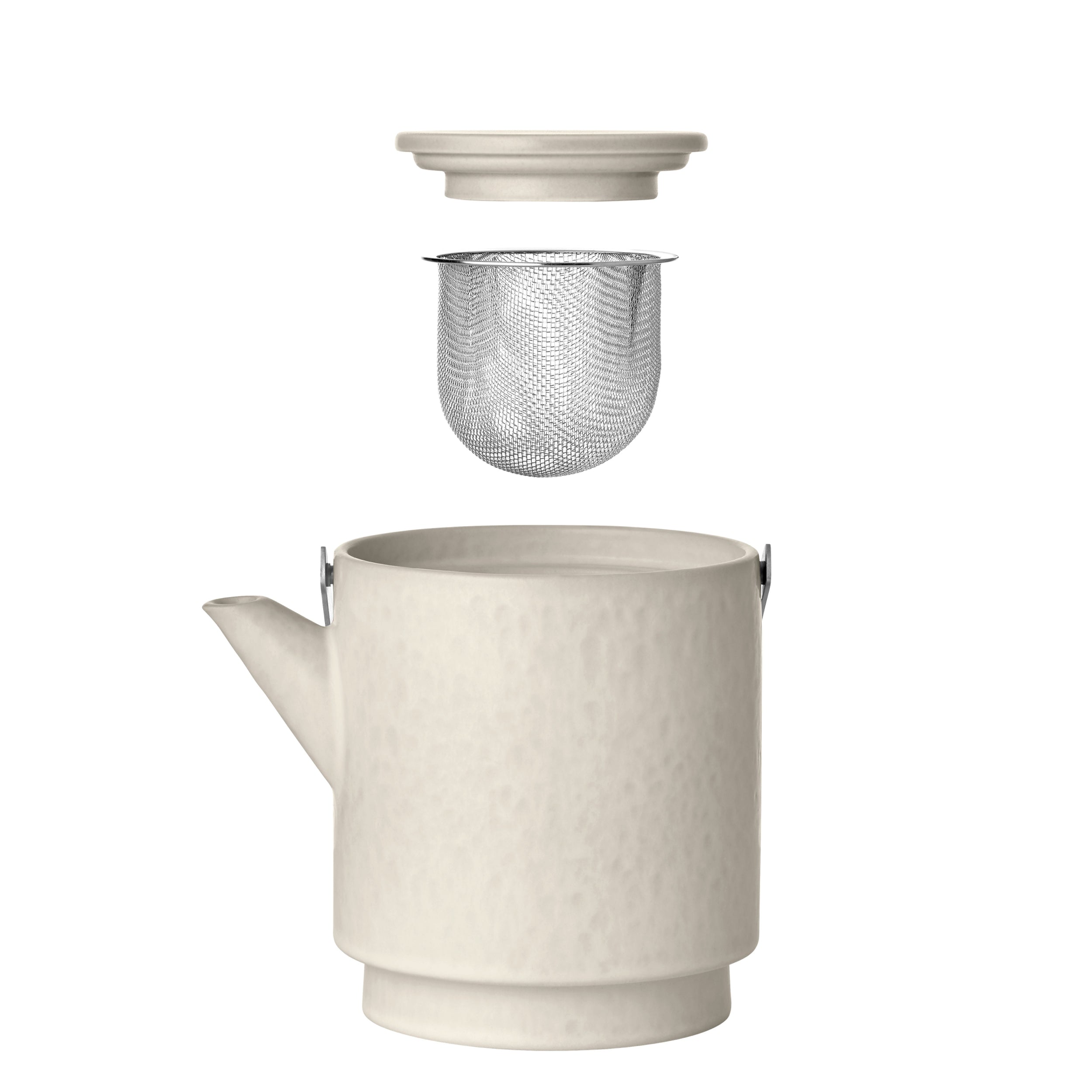 MAKOTO teapot with lid and metal filter exposed  on a white background