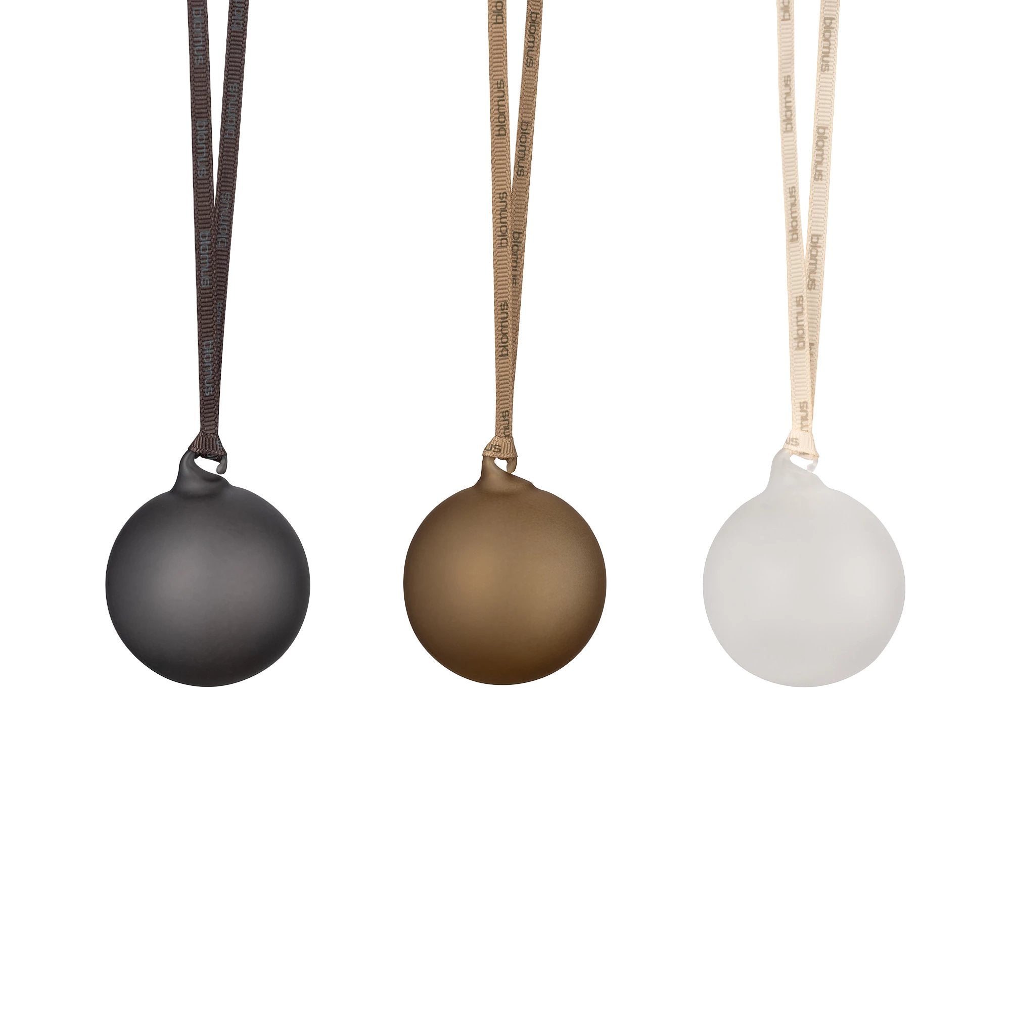 67155 Three ornaments in smoke, coffee, and frosted hanging on ribbons against a white background.