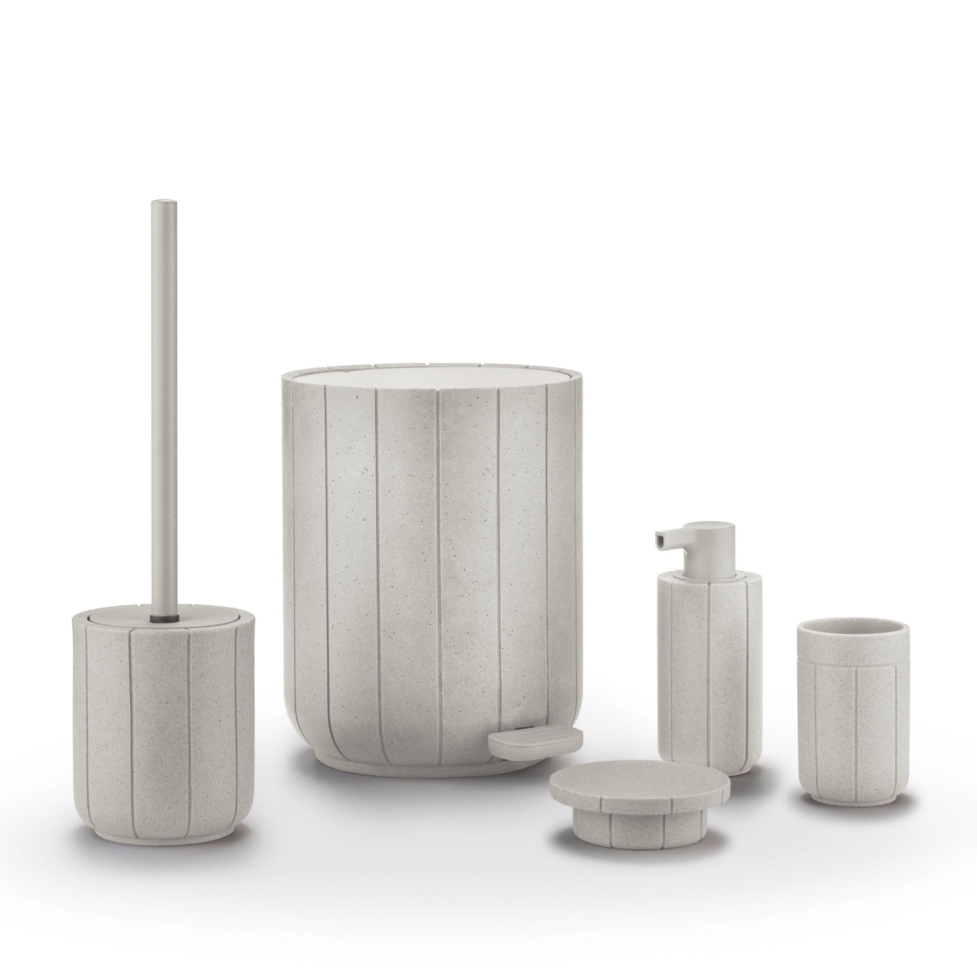 All KUA Items show in Micro Chip color: wastebasket, toilet brush, soap dispenser, tumbler and tray