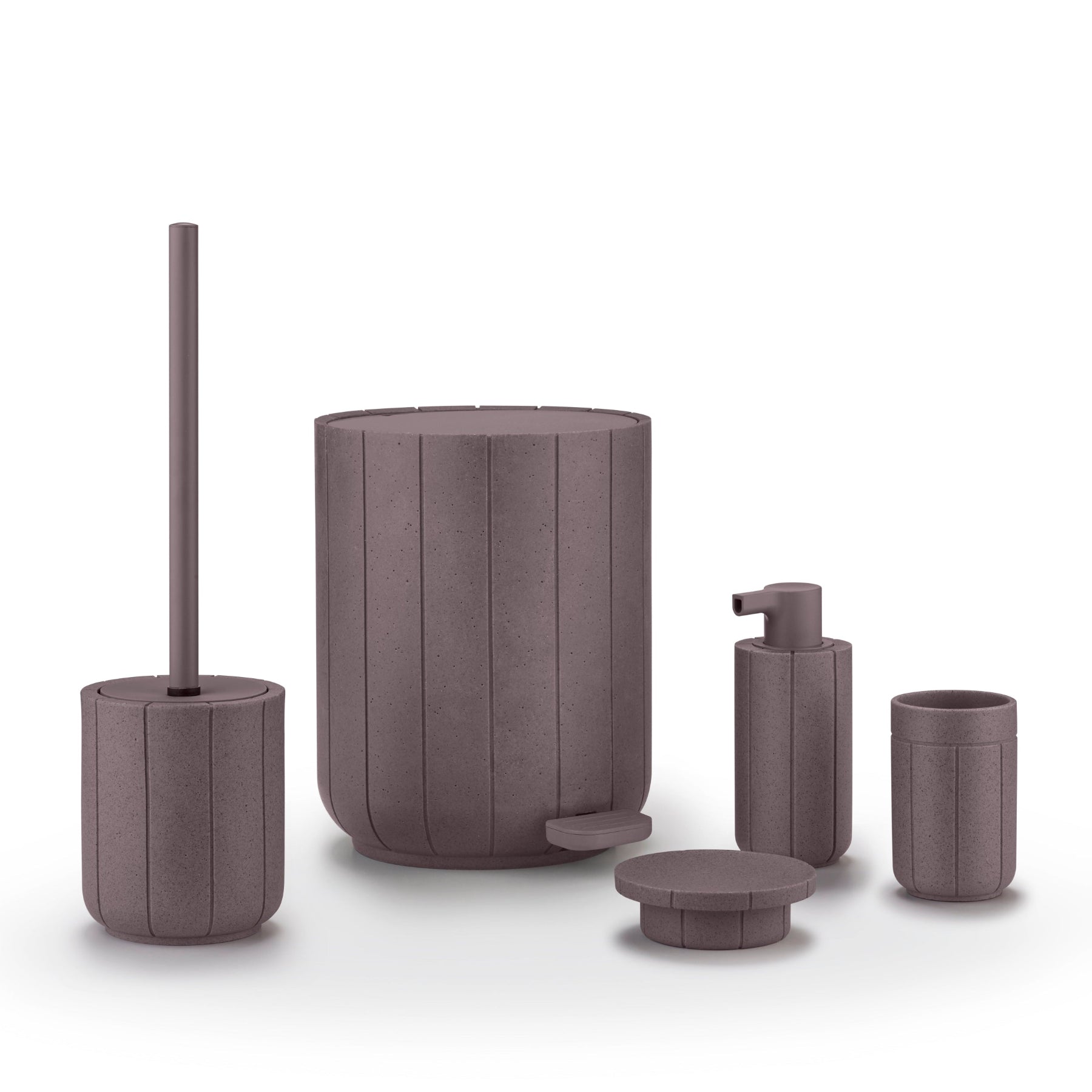 All KUA Items show in Cedar Wood color: wastebasket, toilet brush, soap dispenser, tumbler and tray