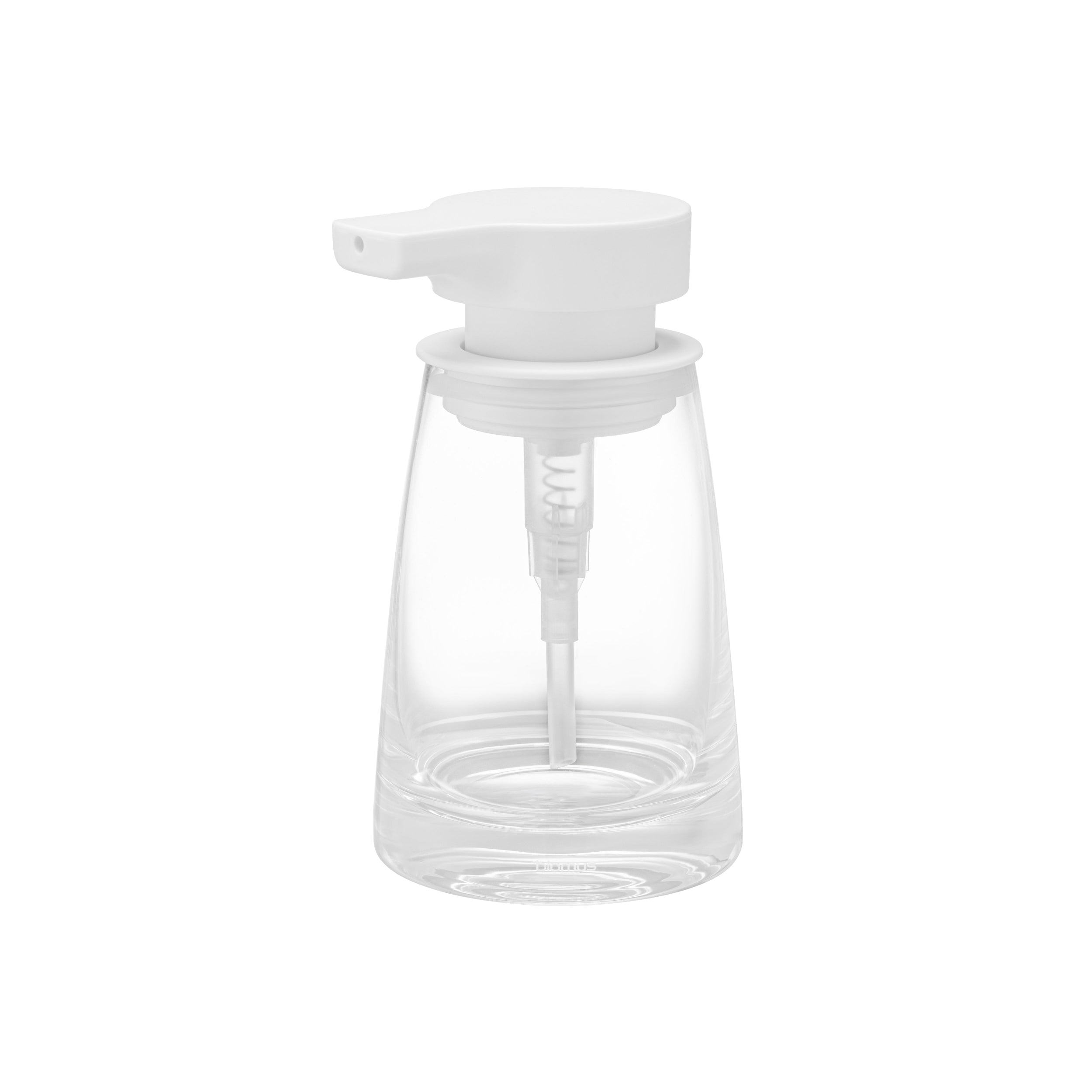 Clear soap dispenser with white pump on a white background