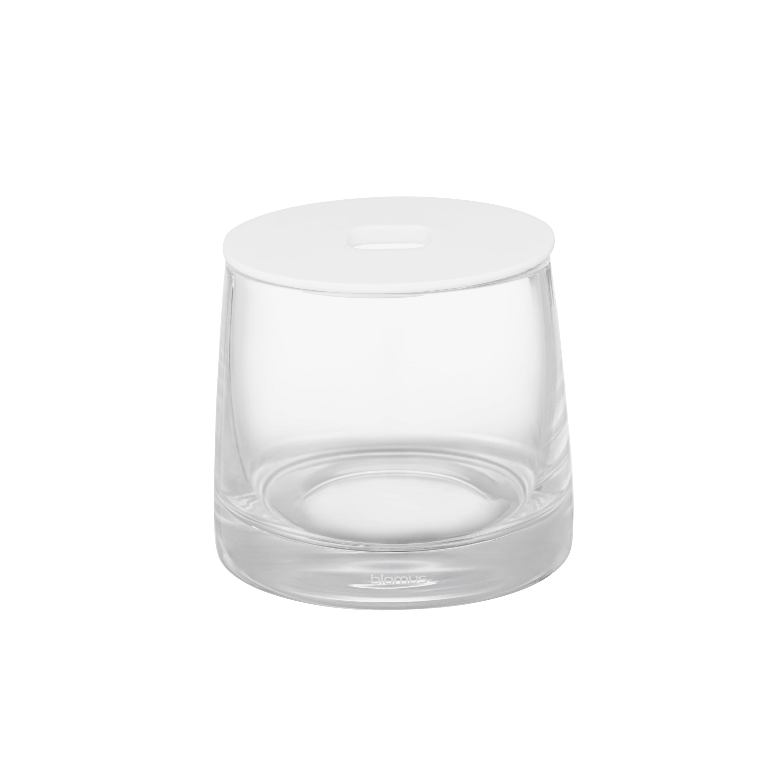 clear glass storage container with a lid on a white background