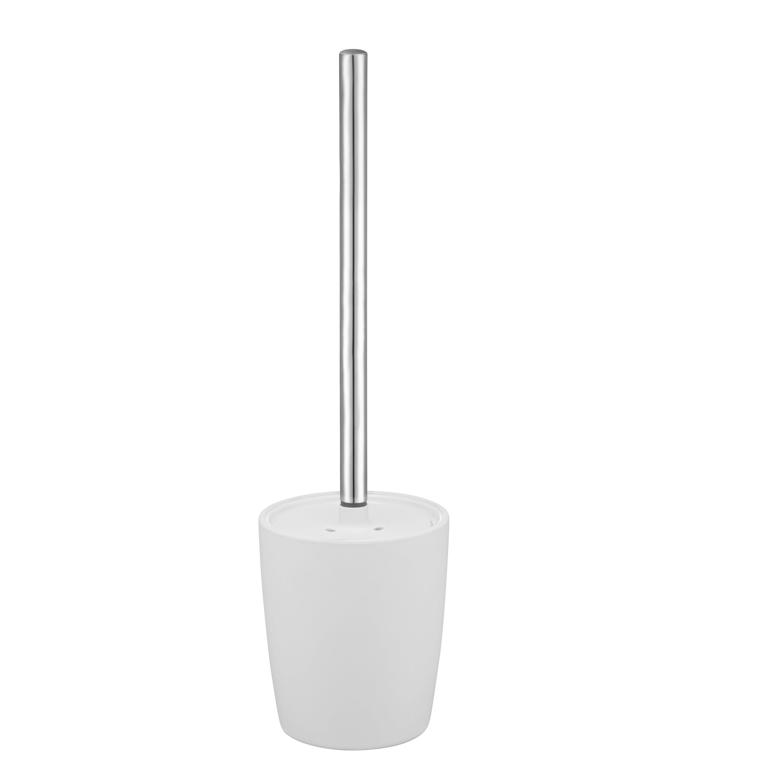 White toilet brush with a metallic handle on a white background