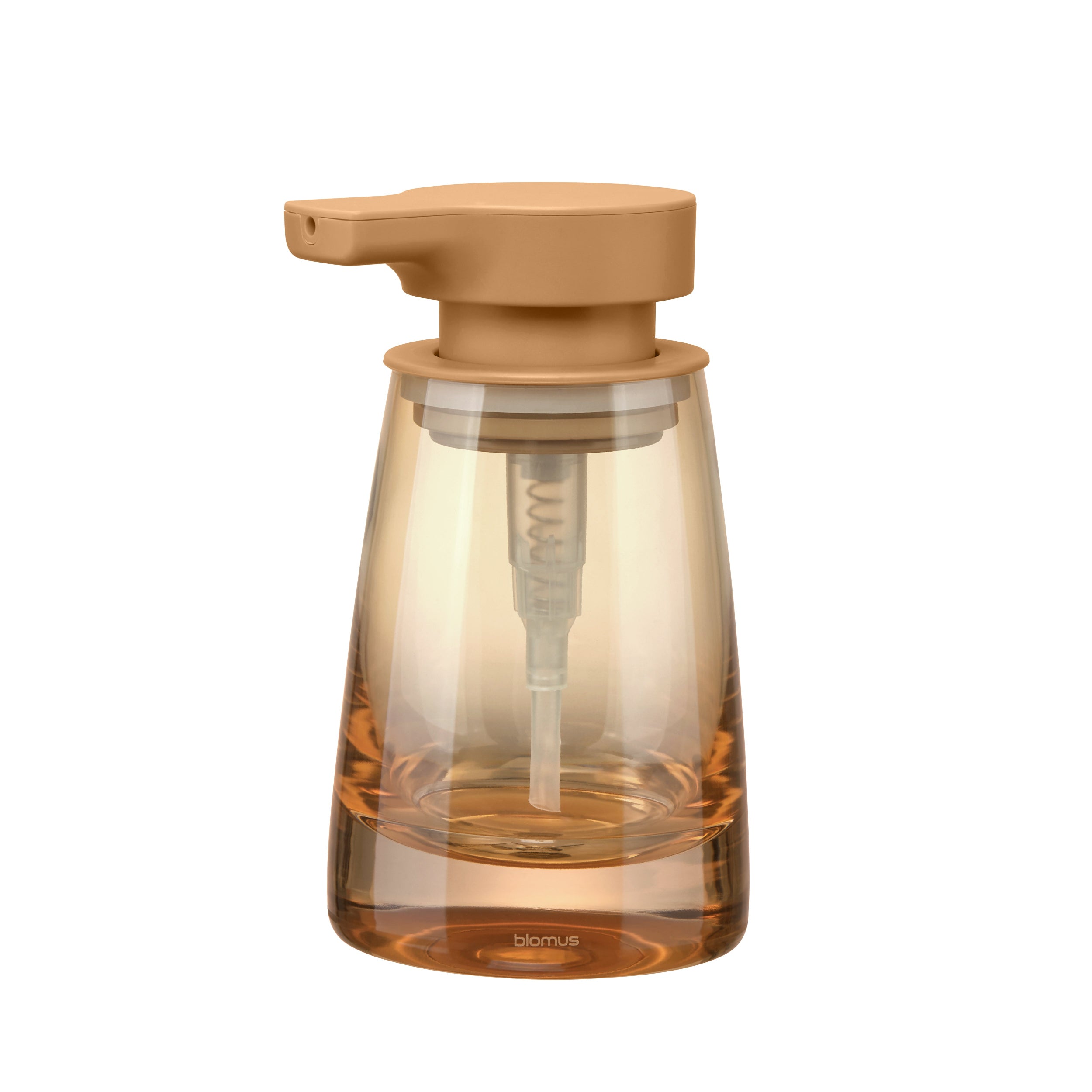 Clear glass container with brown lid and pump on a white background