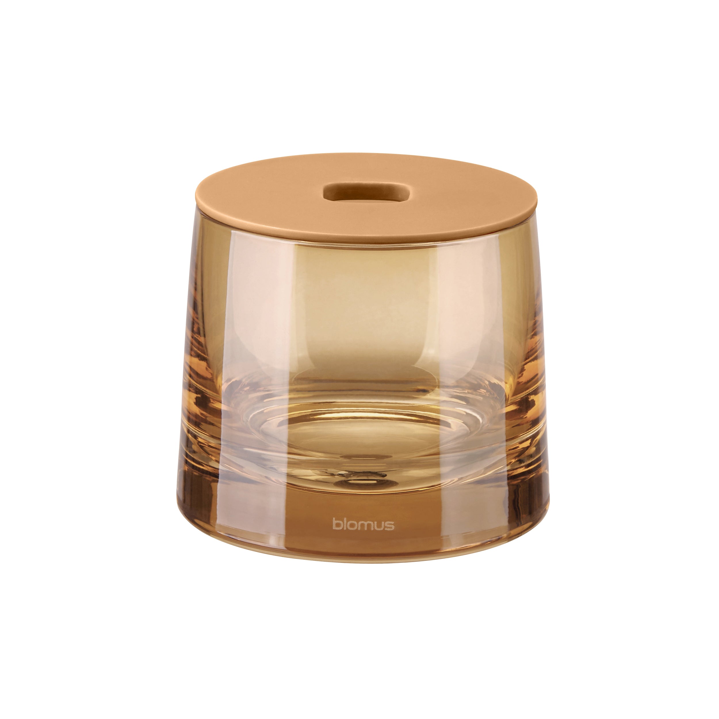 Clear glass container with a lid on a white background,