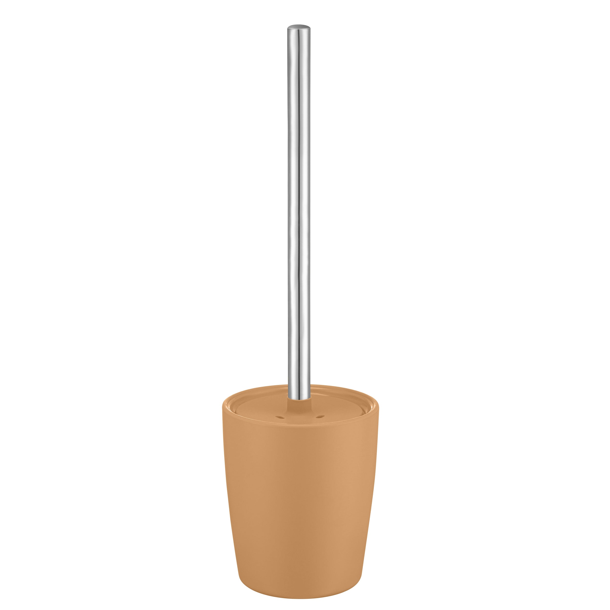 Brown toilet brush with a silver handle on a white background