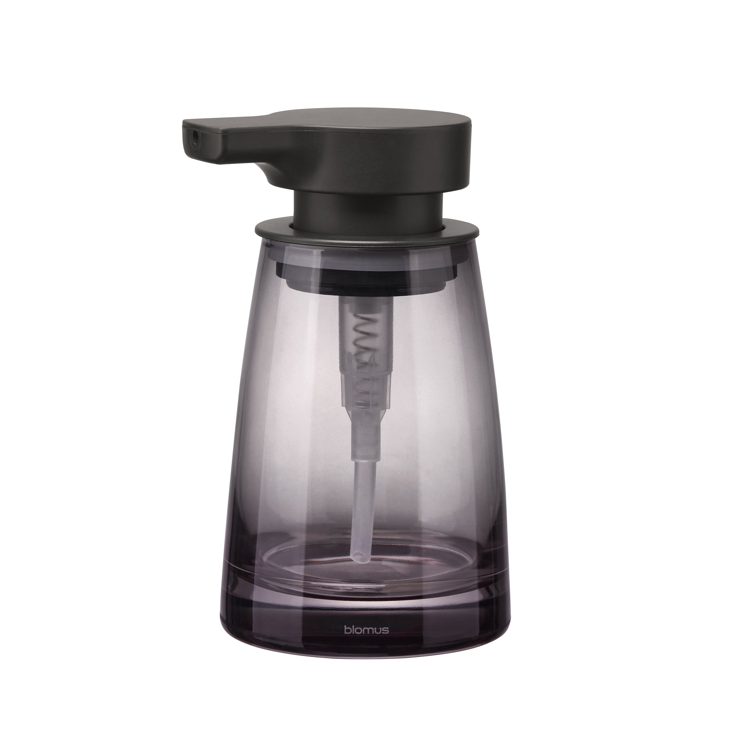 Clear soap dispenser with black pump on a white background