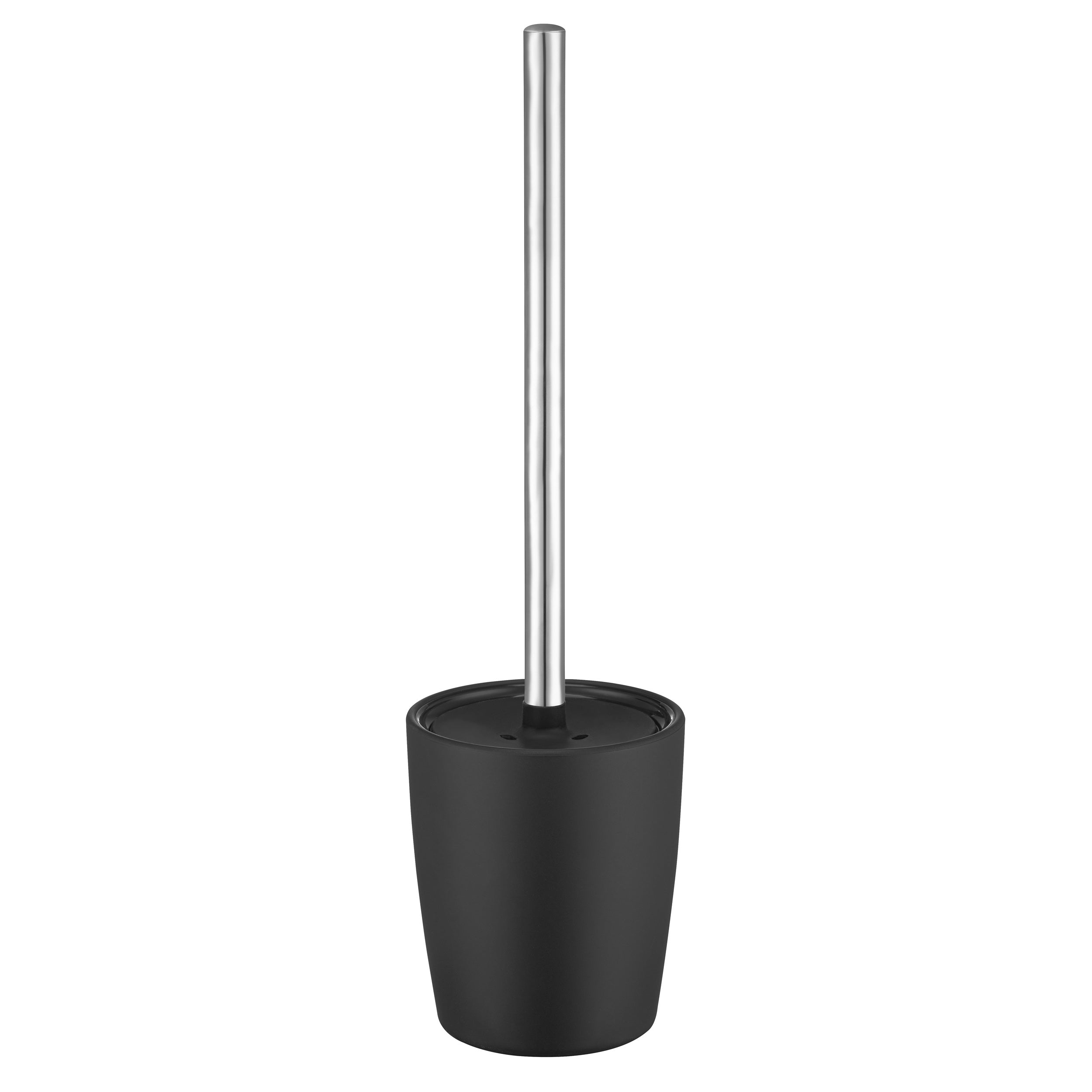 Black toilet brush with stainless steel handle on a white background