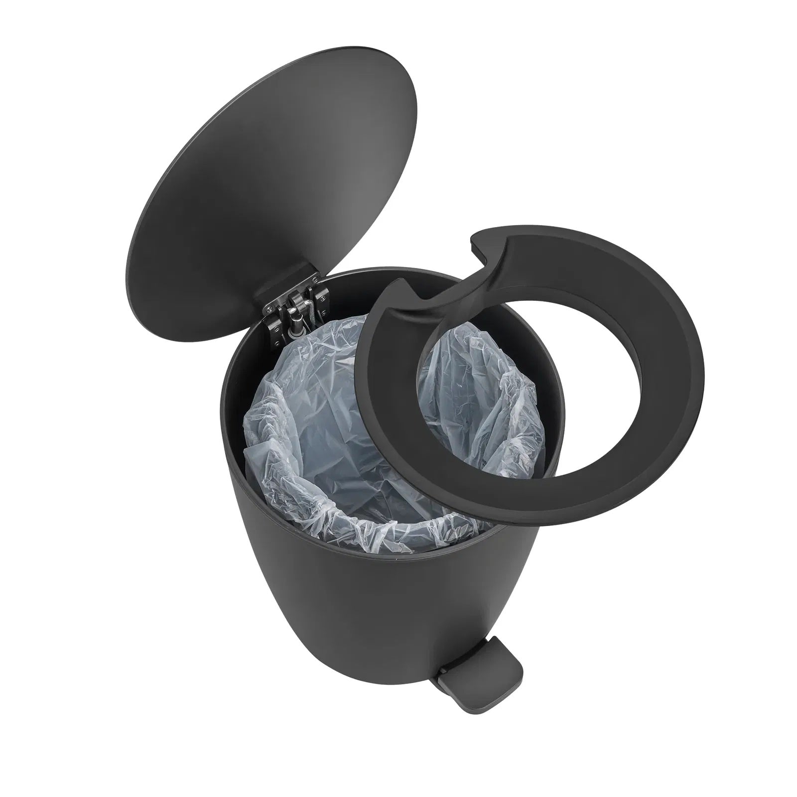 Black trash bin with a plastic bag inside on a white background