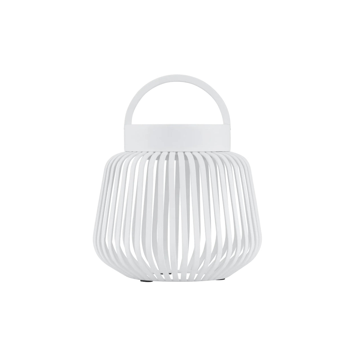 A modern white metal lantern with a ribbed cylindrical body, vertical slatted design, and a top carrying handle, shown on a plain white background.