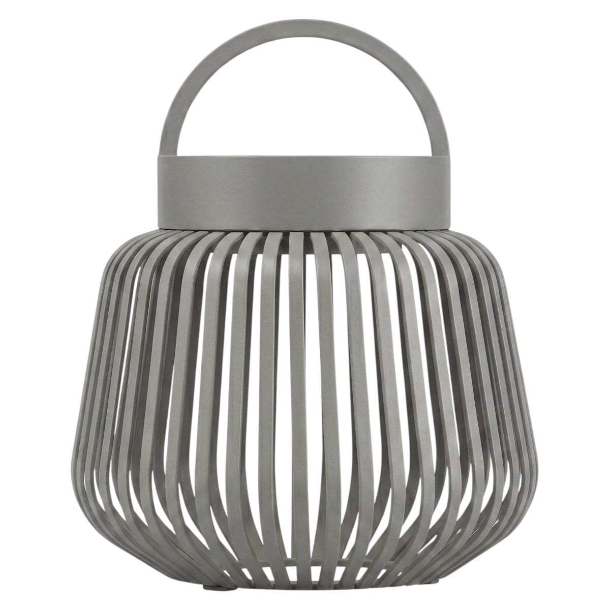 A modern Granite Grey metal lantern with a ribbed cylindrical body, vertical slatted design, and a top carrying handle, shown on a plain white background.