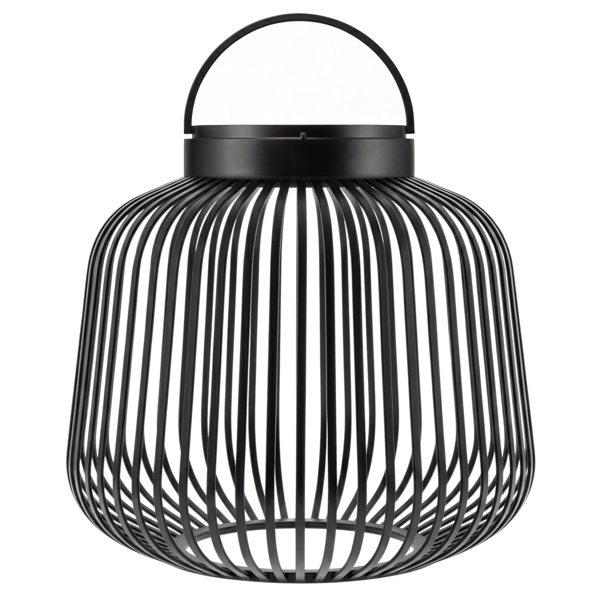 A modern black metal lantern with a ribbed cylindrical body, vertical slatted design, and a top carrying handle, shown on a plain white background.