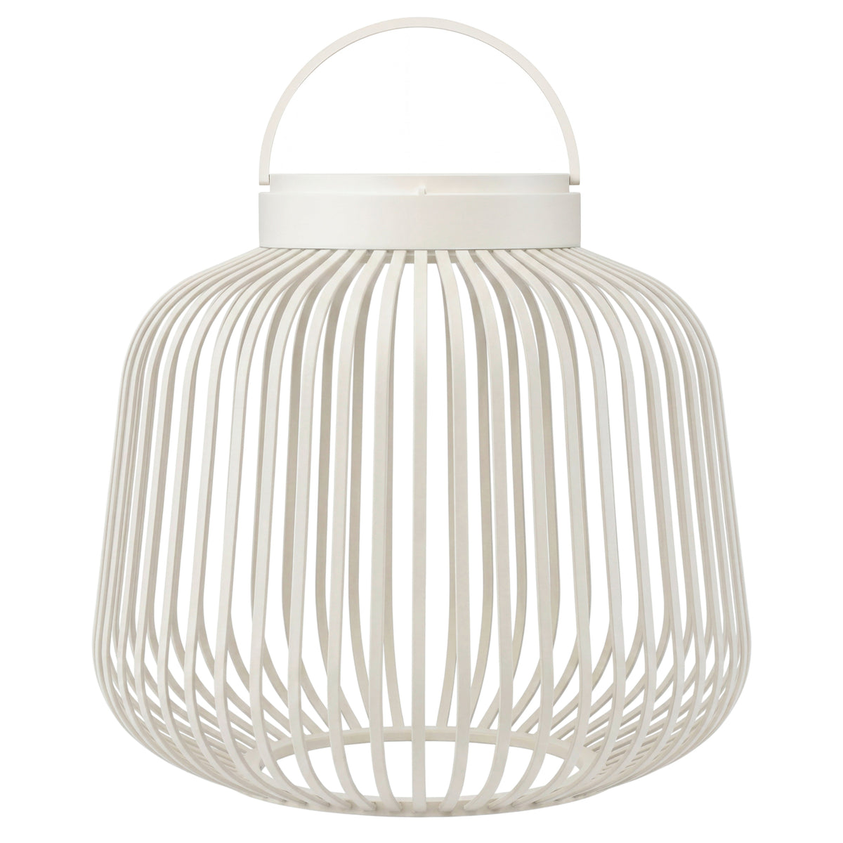 A modern silk grey metal lantern with a ribbed cylindrical body, vertical slatted design, and a top carrying handle, shown on a plain white background.