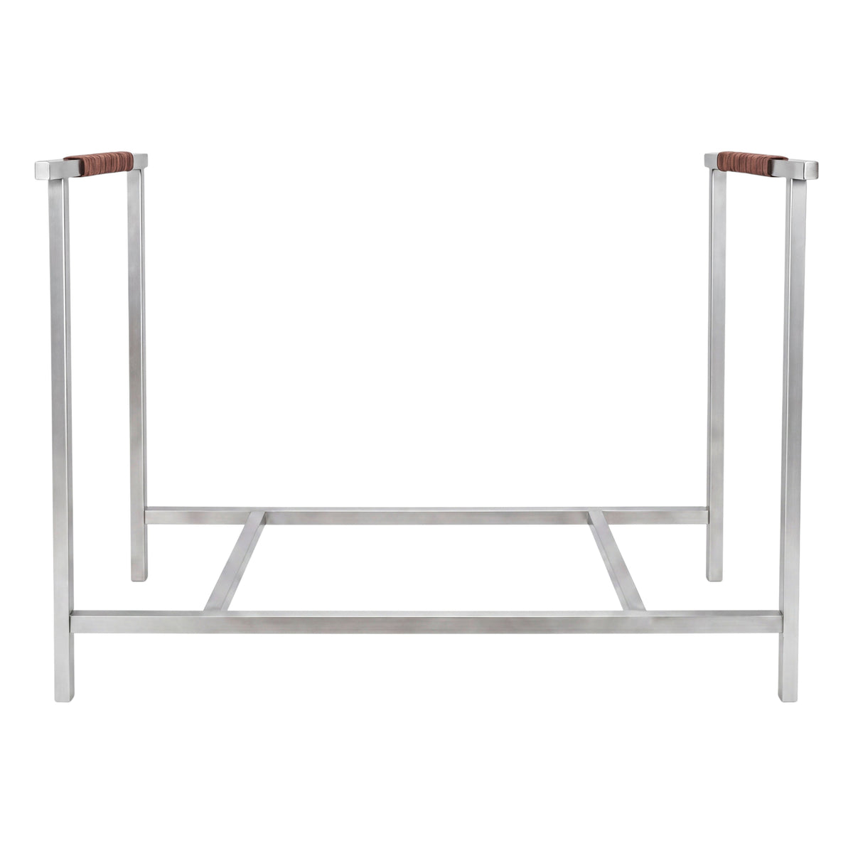 A modern steel firewood rack with two upright legs and a bottom shelf. The rack has a stainless steel frame with leather wrapped handles on the vertical supports, set against a plain white background.