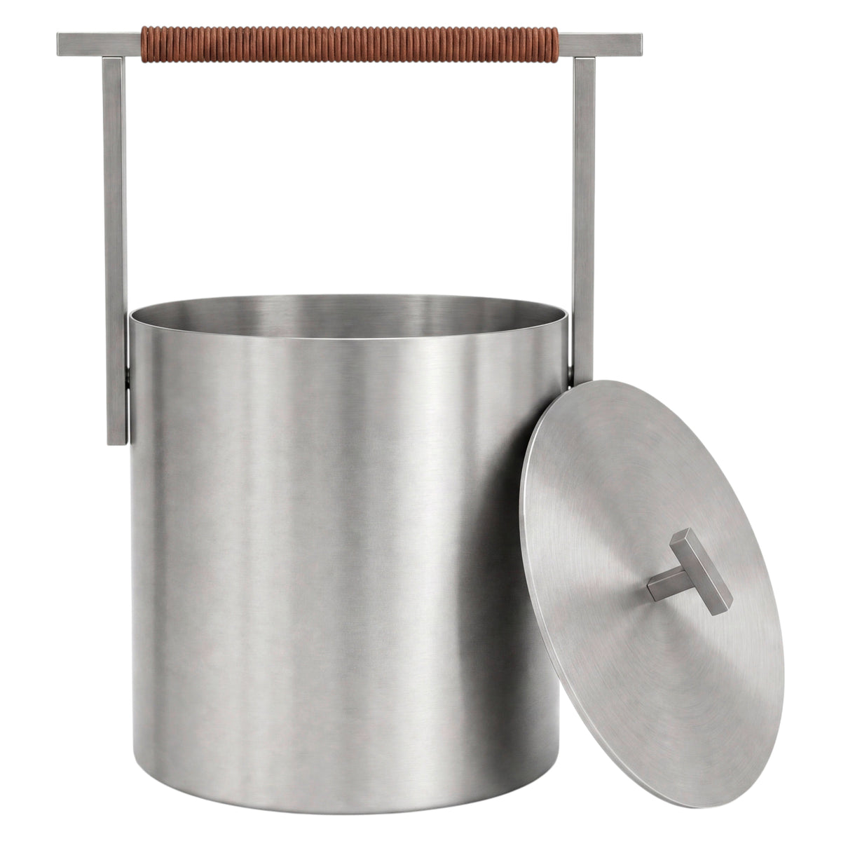 A brushed stainless steel cylindrical ash bucket with a matching round lid leaning against it, a rectangular handle frame, and a wrapped brown handle, shown on a plain white background.