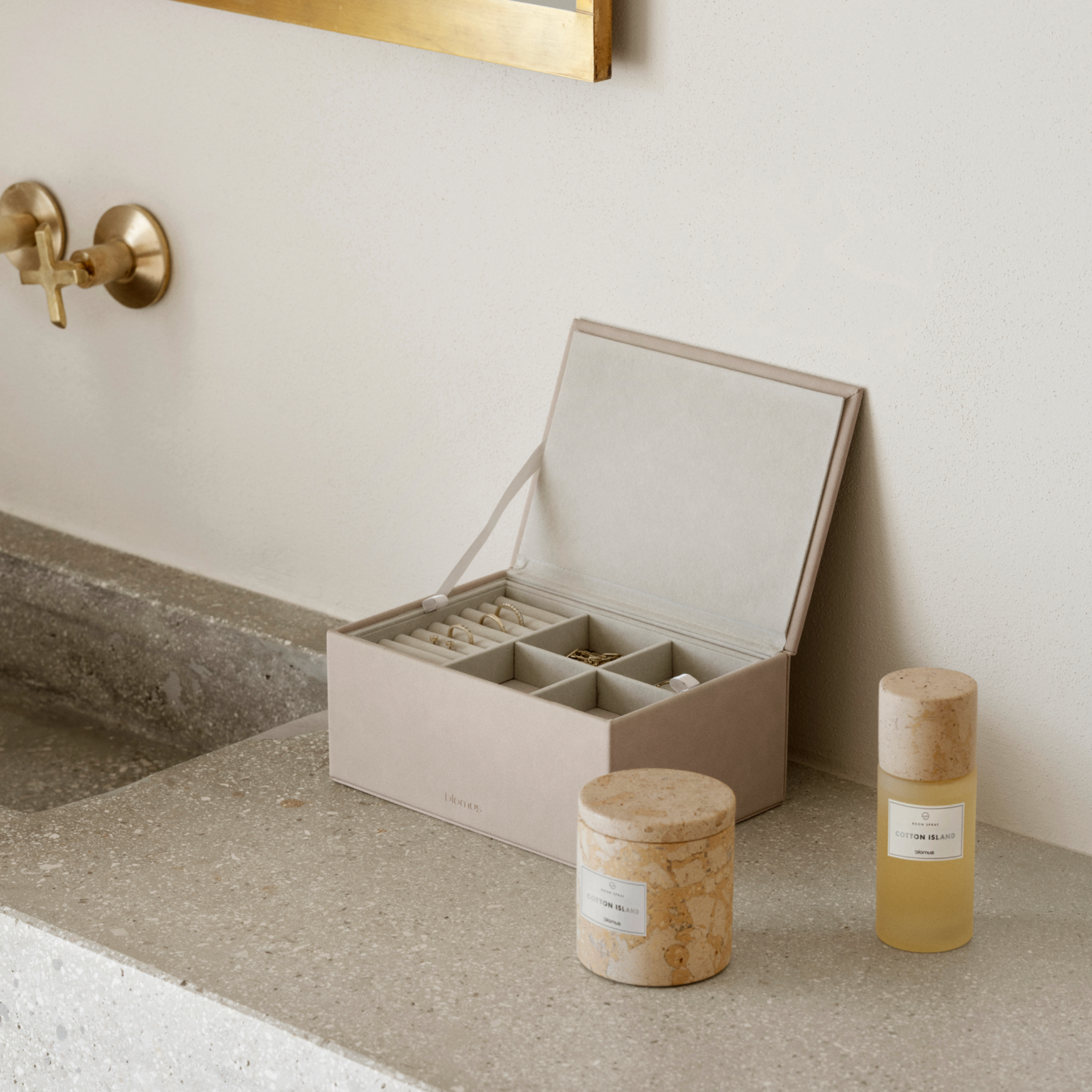 SAHLA Large open jewelry box on a bathroom counter with blomus candle and fragrance spray.