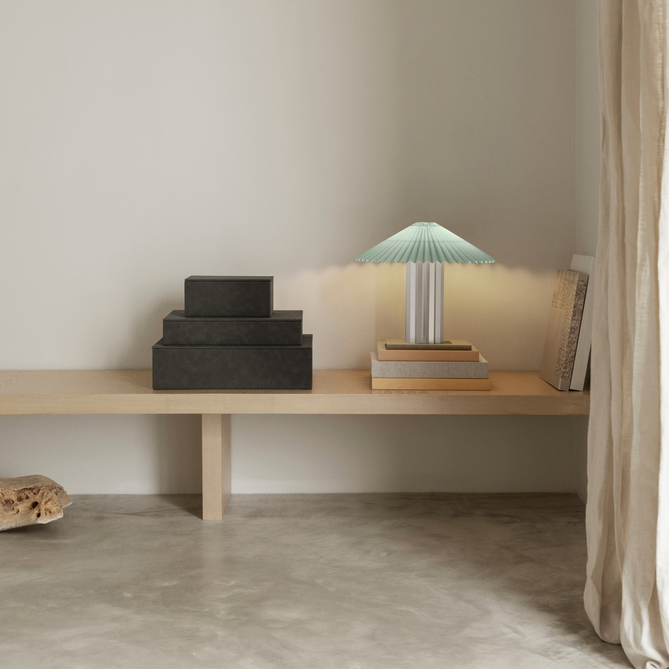 SAHLA Storage Box Set and Jewelry Box on a shelf also containing books and a lamp.