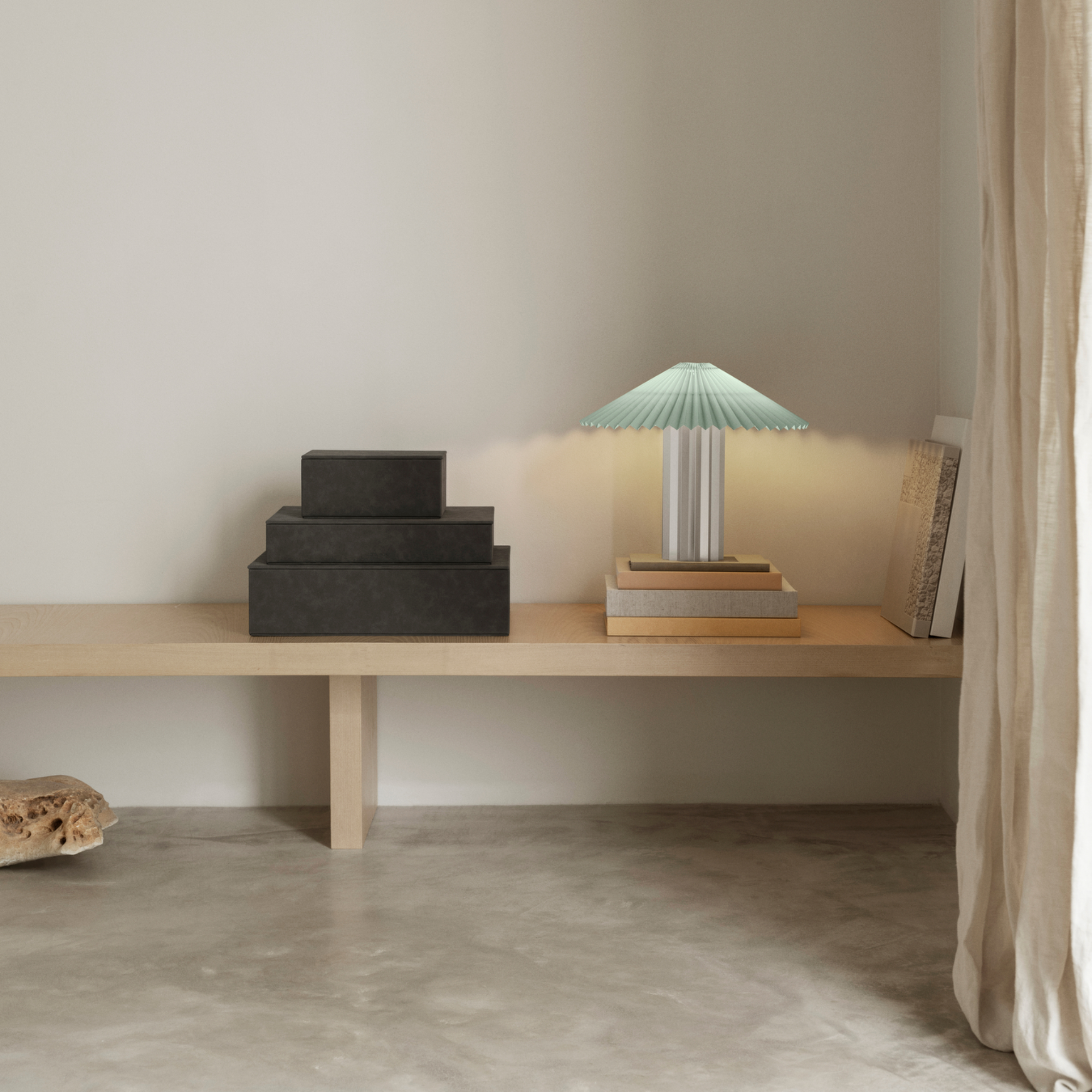 SAHLA Storage Box Set and Jewelry Box on a shelf also containing books and a lamp.