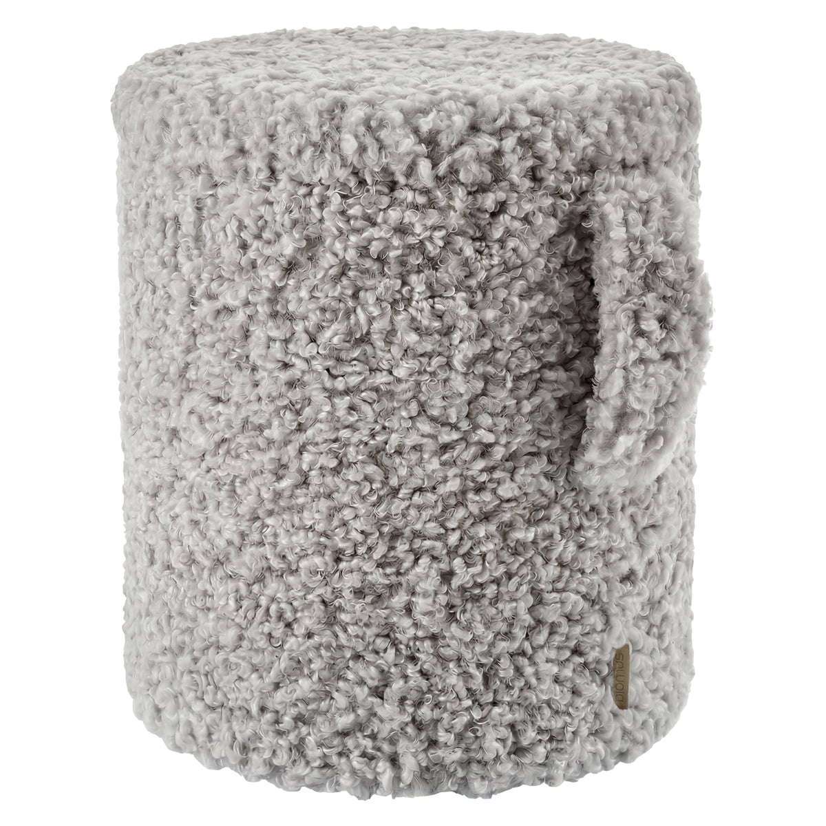 TEDDY  pouf or ottoman upholstered in a thick, textured Sharkskin grey Colored fabric, shown against a plain white background.