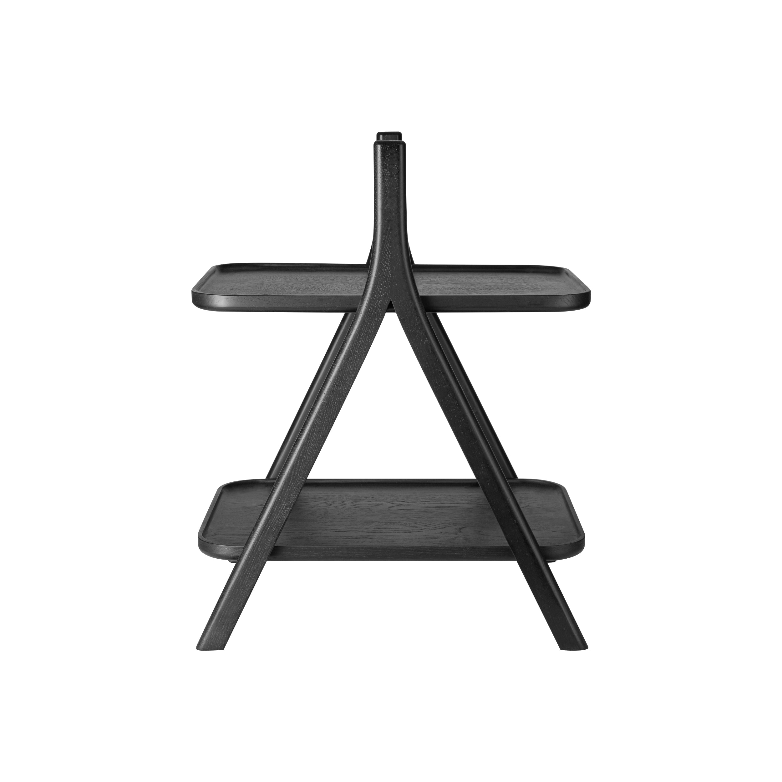 Black wooden stand with two shelves on a white background