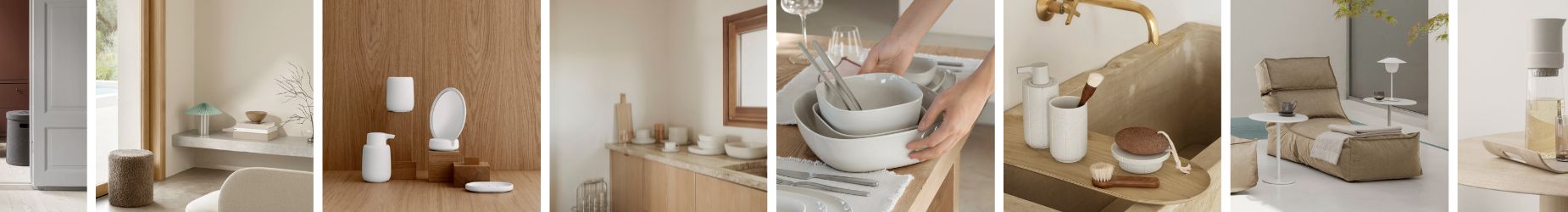 Lifestyle images of blomus home decor including kitchenware, bathroom accessories, and outdoor furniture in modern minimalist settings