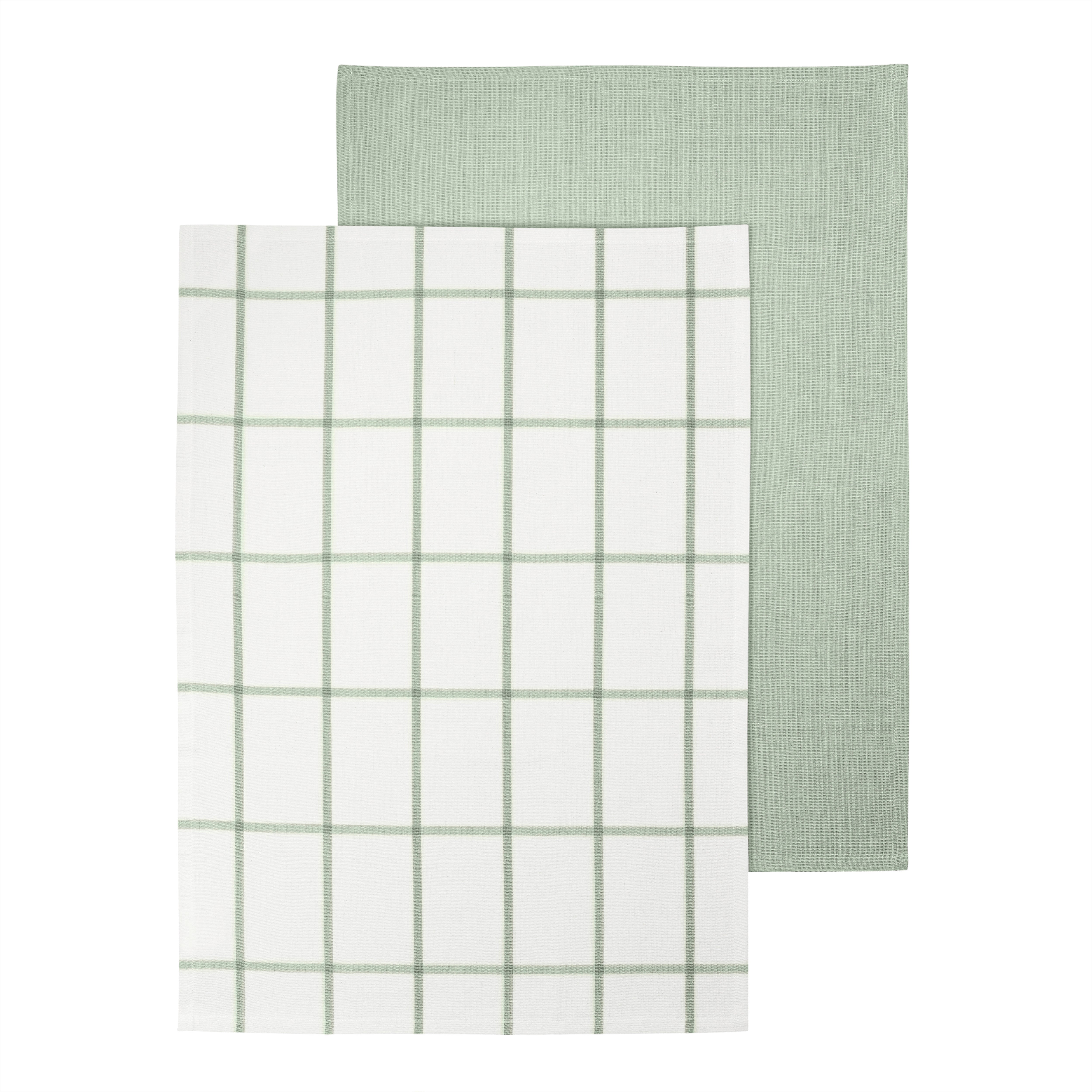 Two green textured towels, one with a grid pattern, on a white background