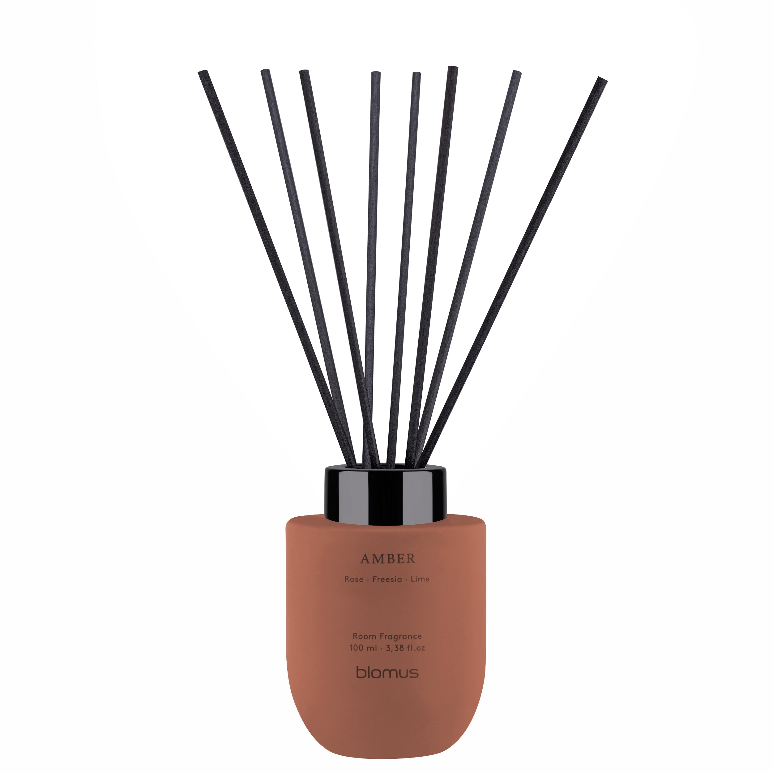 Diffuser with black sticks in a terracotta pot on a white background
