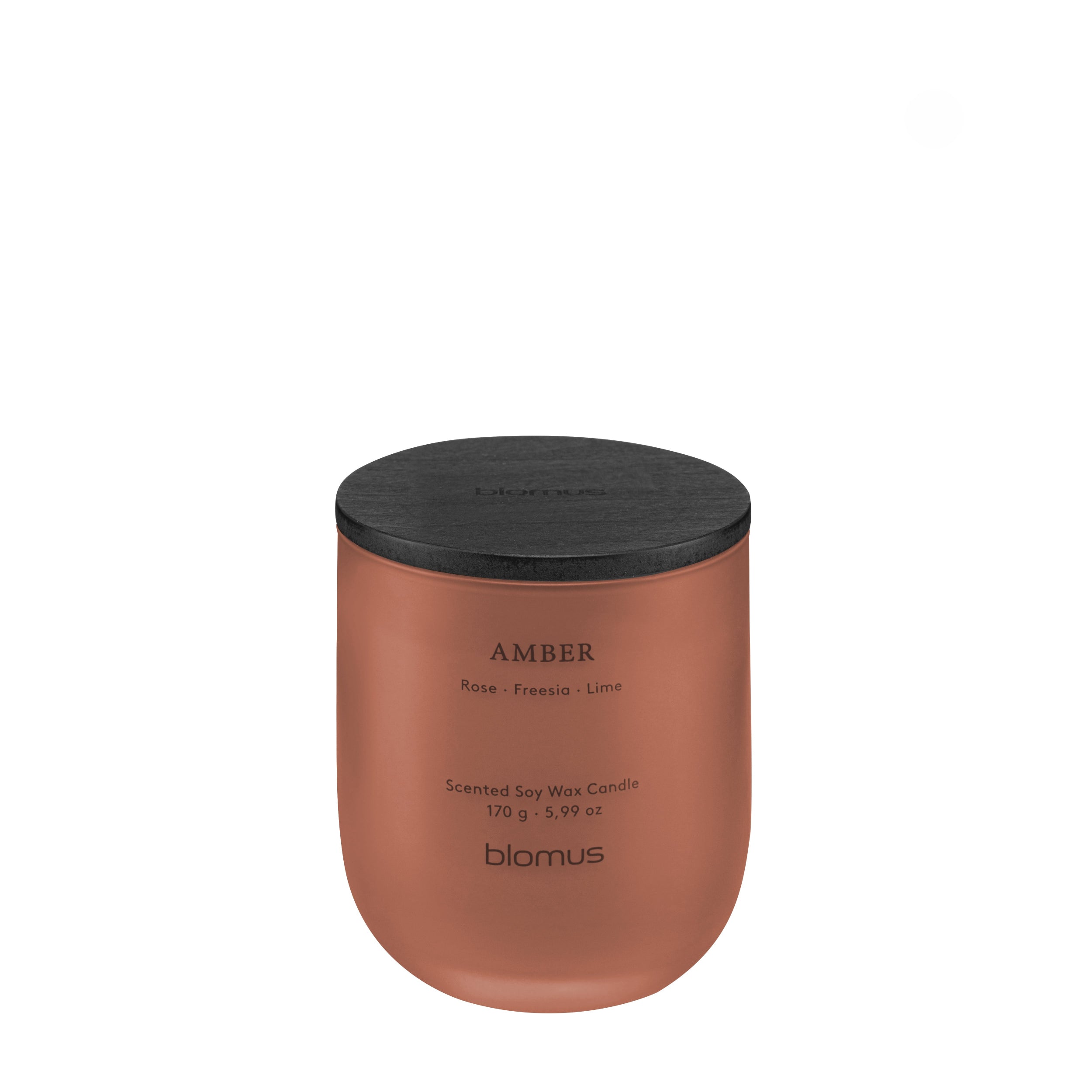 Copper-colored candle with a black lid on a white background
