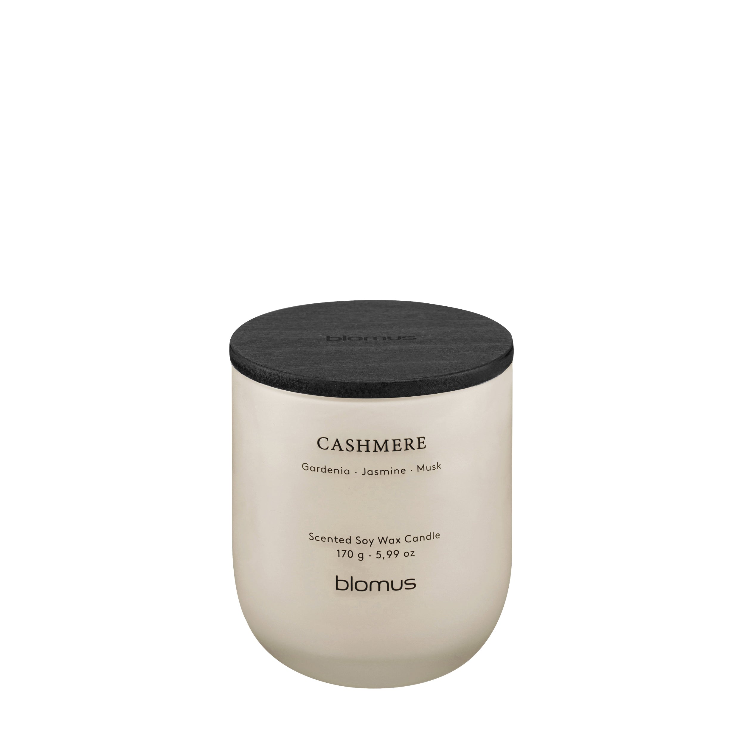 Scented candle labeled 'Cashmere' by biomus on a white background