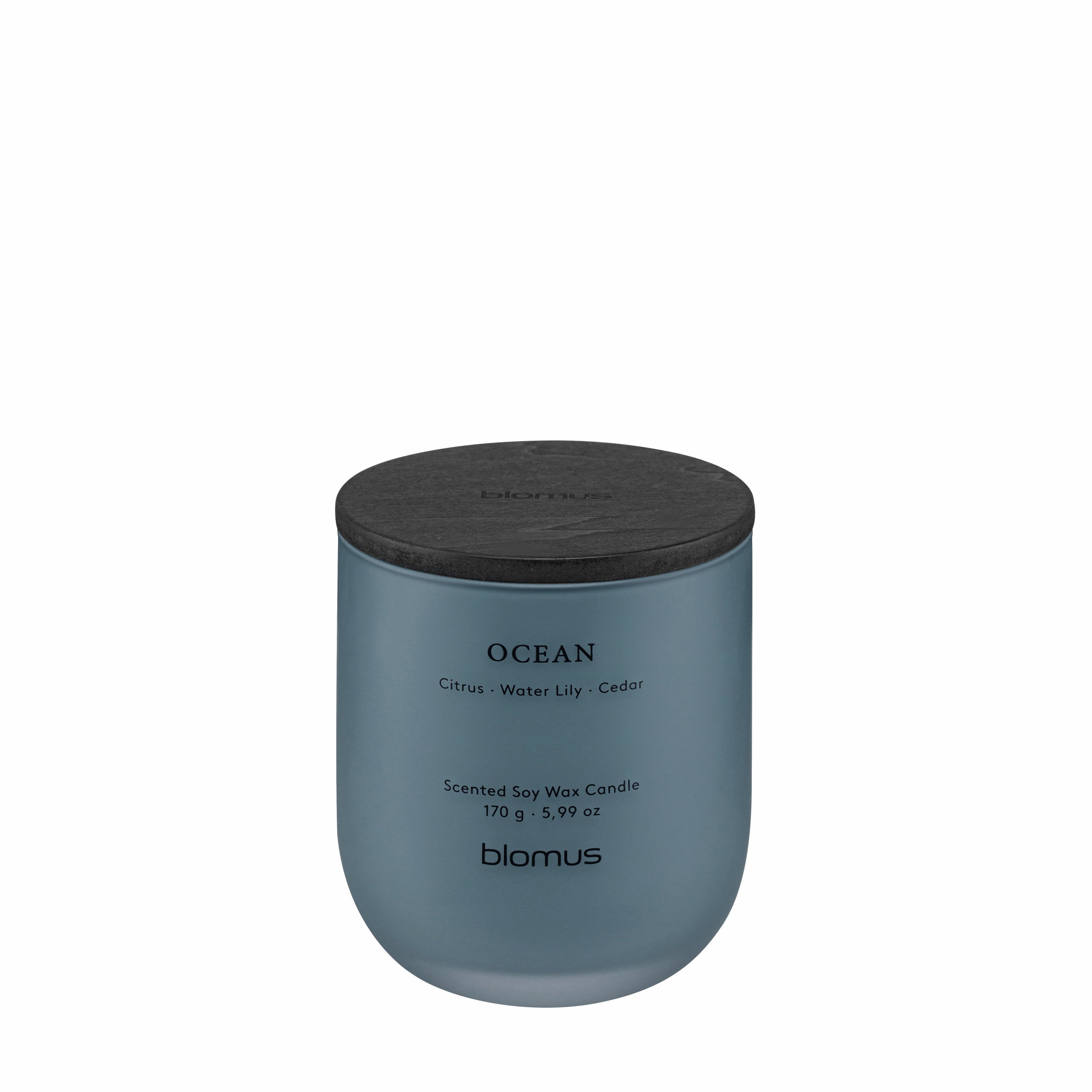 Blue candle with a wooden lid on a white background