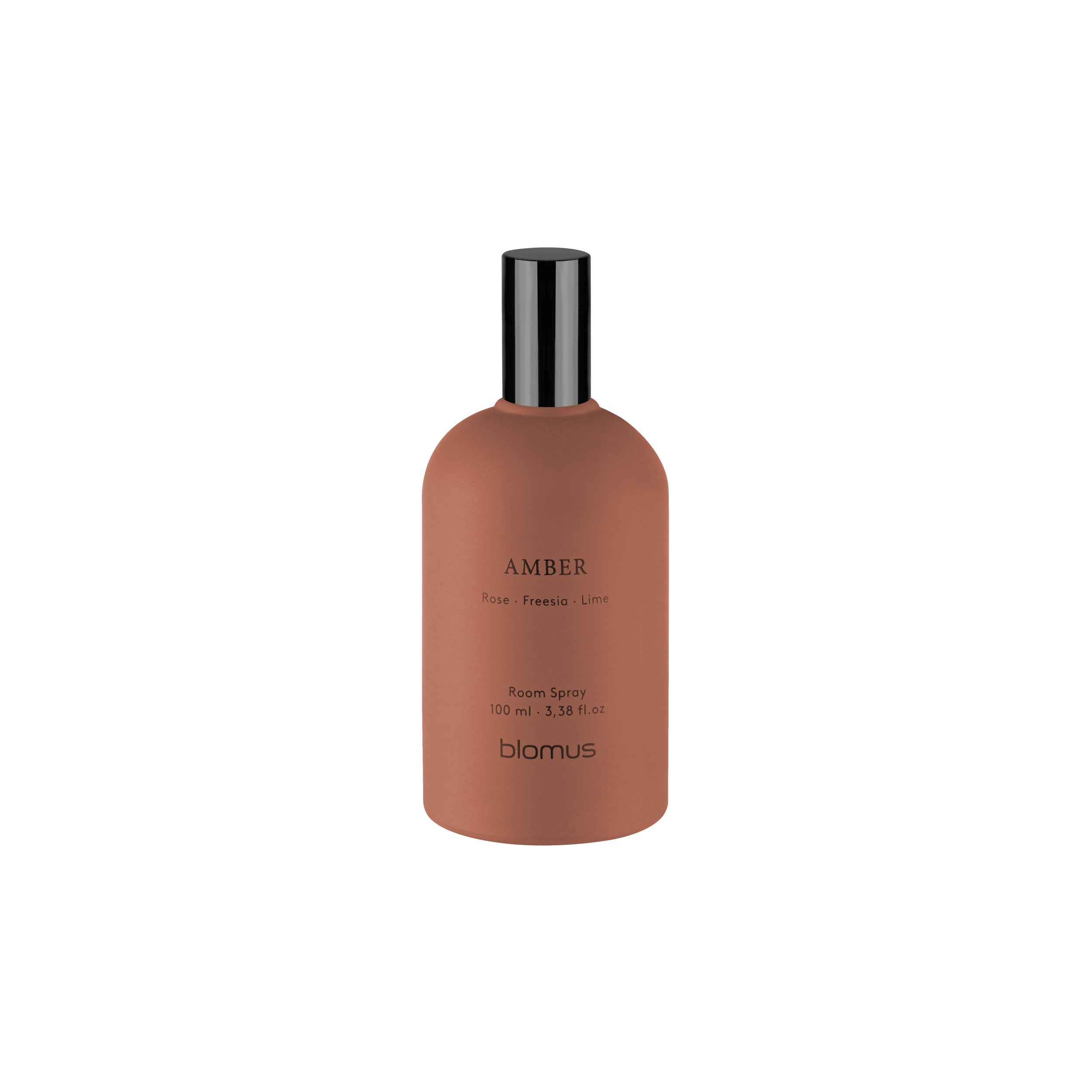 Brown bottle with black cap labeled 'Amber' by blomus on a white background