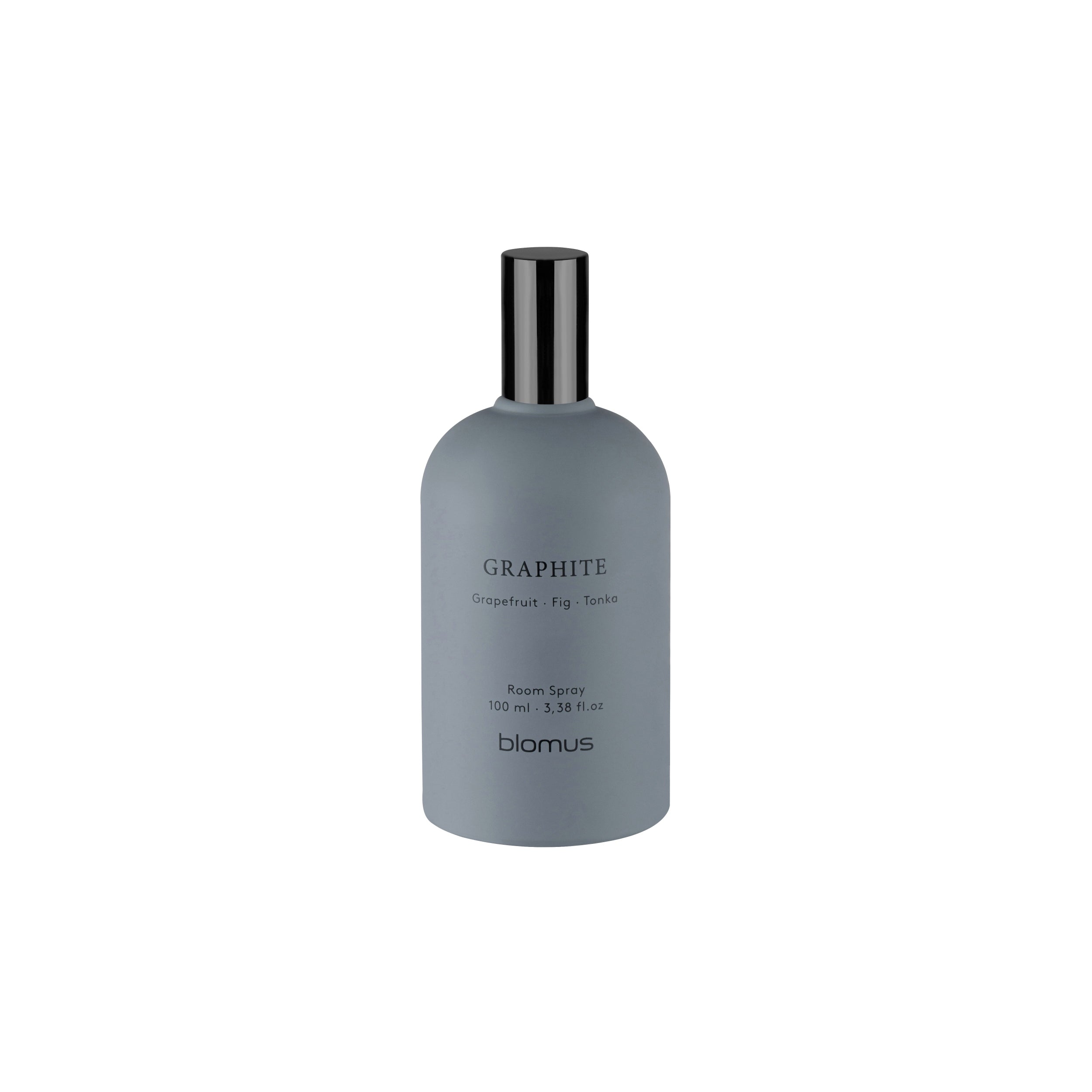 Gray room spray bottle labeled 'Graphite' by blamus on a white background