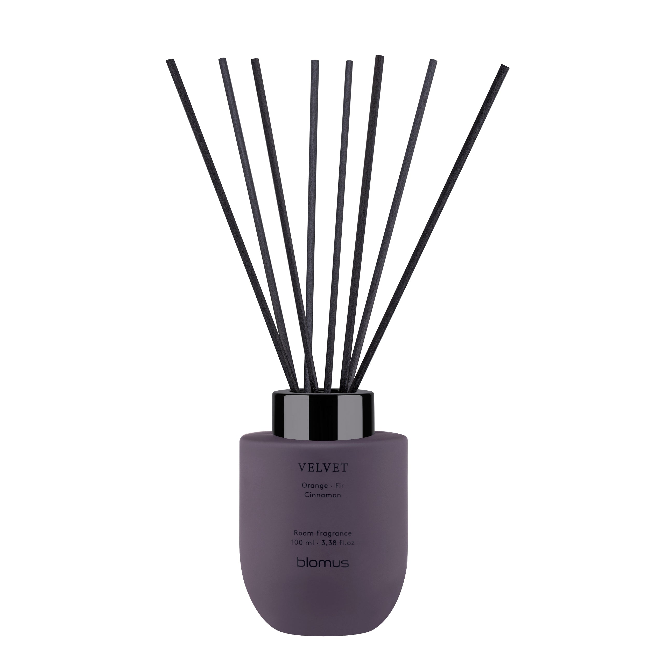 Diffuser with black sticks and purple container on a white background