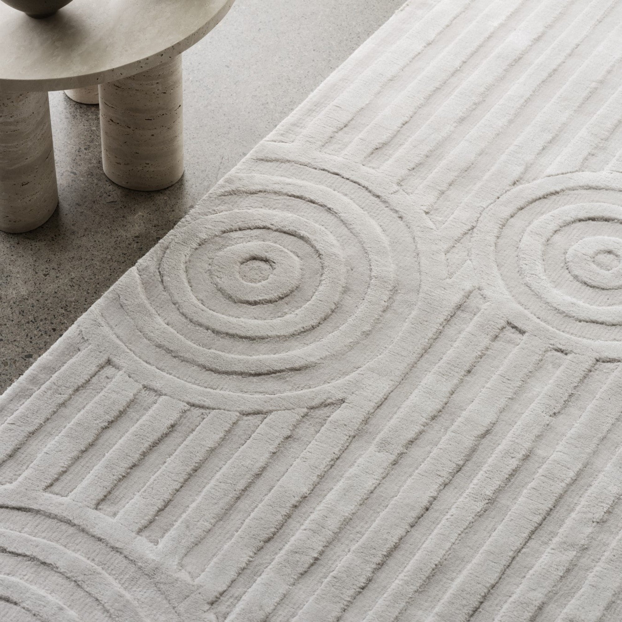 close view of Japanese inspired swirling patterns of blomus UZU Viscose area rug