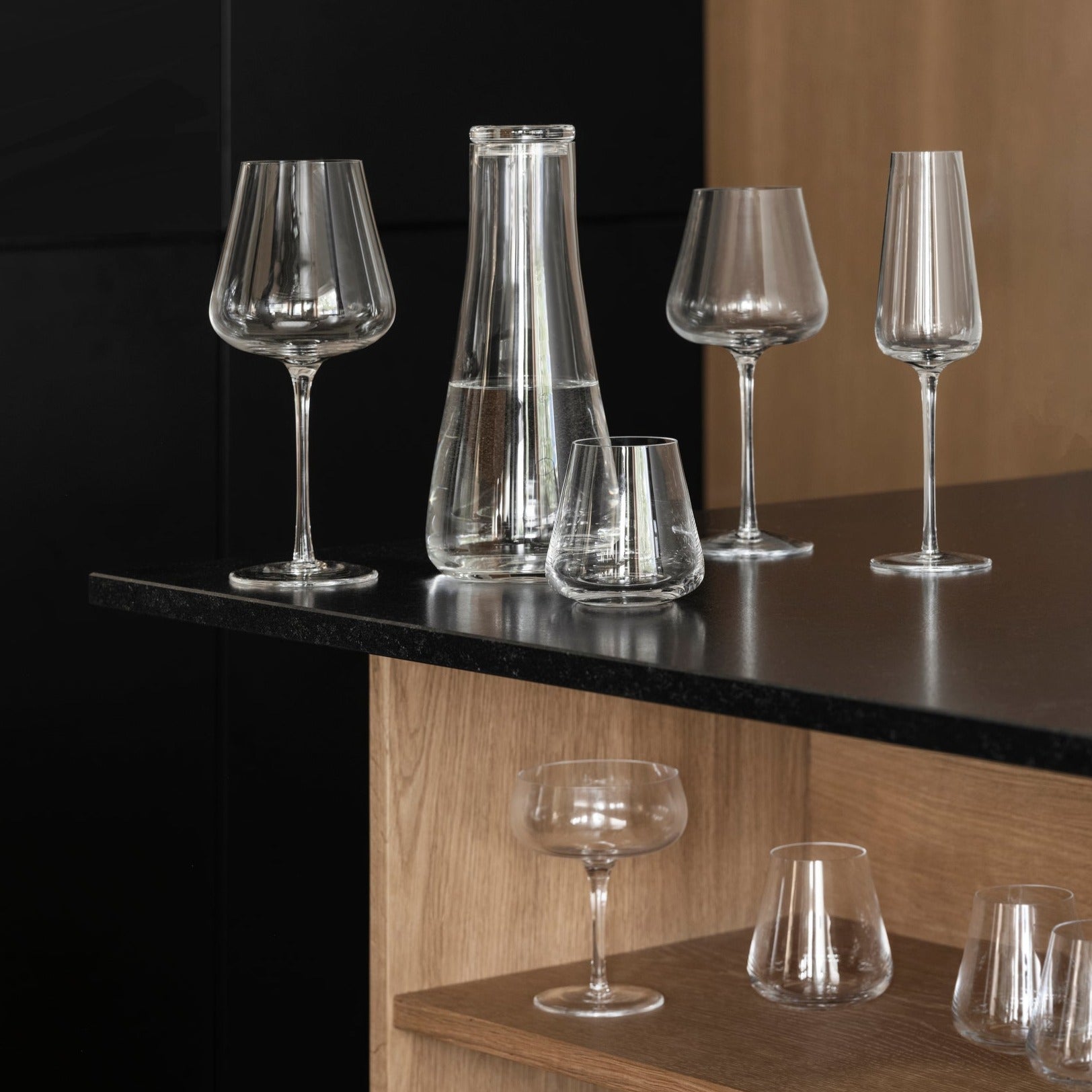 assortment of clear wine glasses from blomus BELO line of stemware displayed on a counter