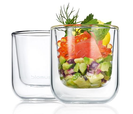 NERO double walled glass by blomus displayed with Ikura salad