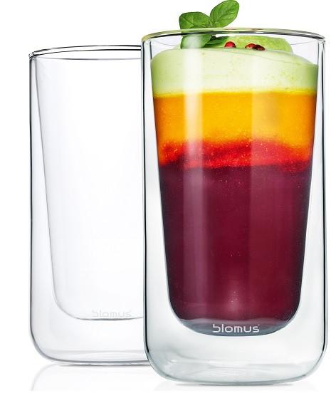 blomus NERO double walled glass shown with multicolored layered sorbet smootie