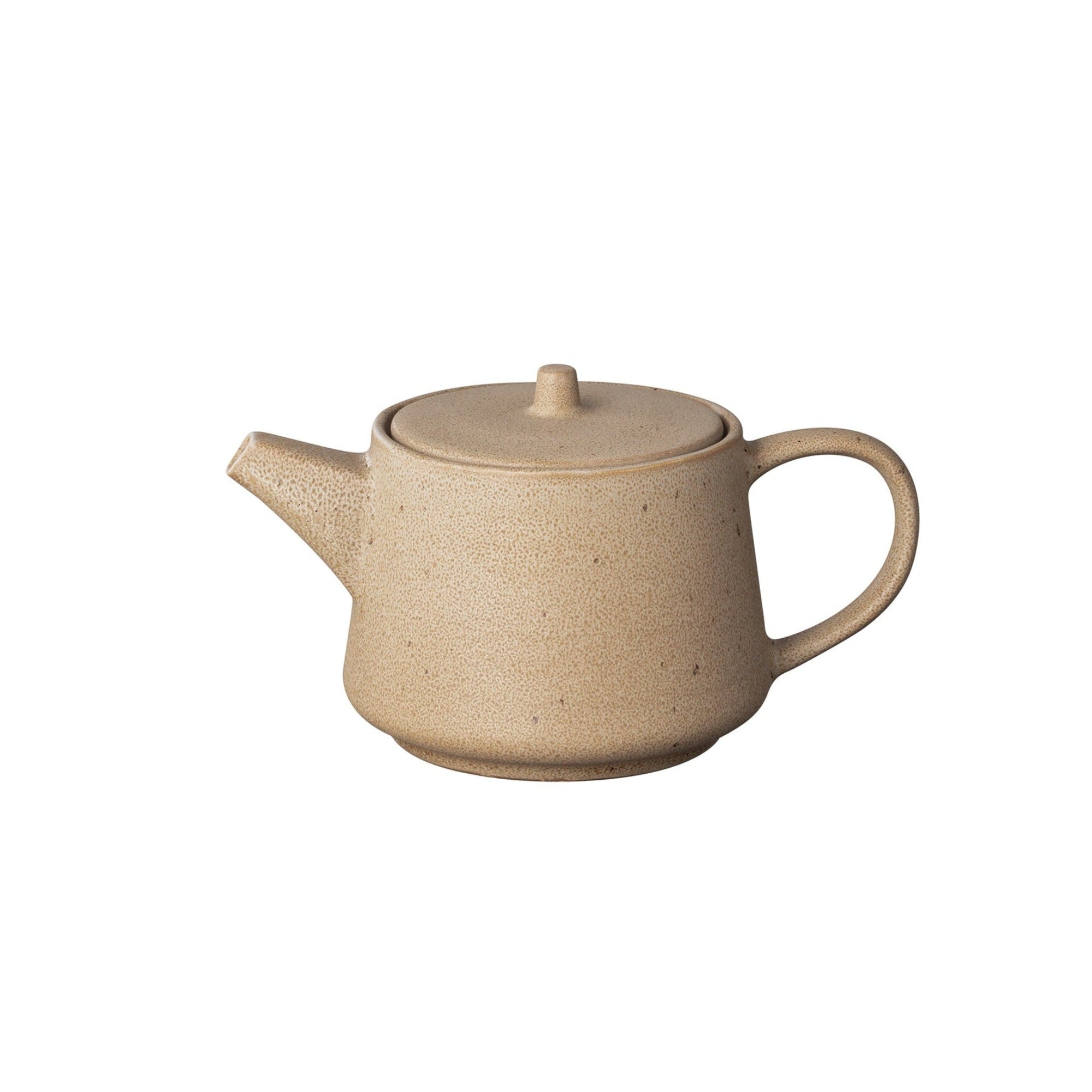 A brown ceramic stoneware teapot with a simple design and a modern shape, suitable for tea time.