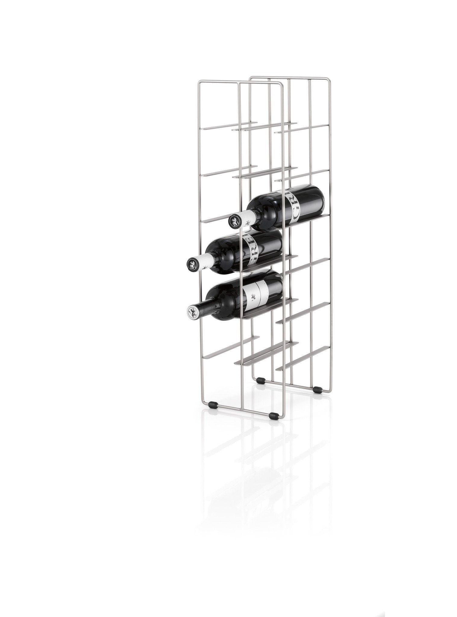 blomus PILARE minimalist stainless steel wine rack displaying bottles of wine
