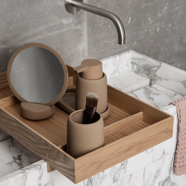SONO Soap Dispenser, tumbler and Mirror on ABENTO tray straddling a bathroom sink
