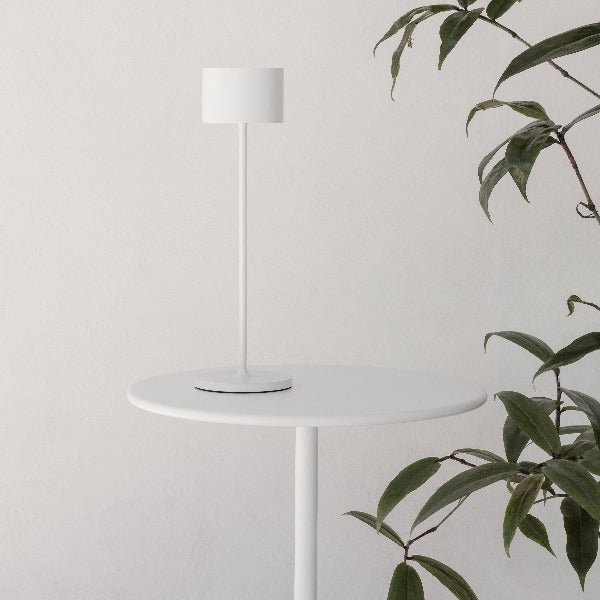 Simple white side table with LED rechargeable lamp next to a fig tree