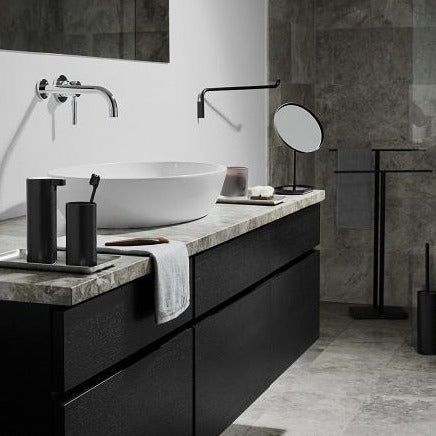 blomus MENOTO free standing metal towel rack from blomus in a modern bathroom