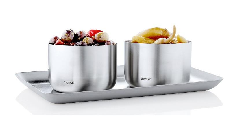 blomus BASIC Modern Stainless Steel Tray and Snack Bowl Set for Tabletop Serving - 3 pieces